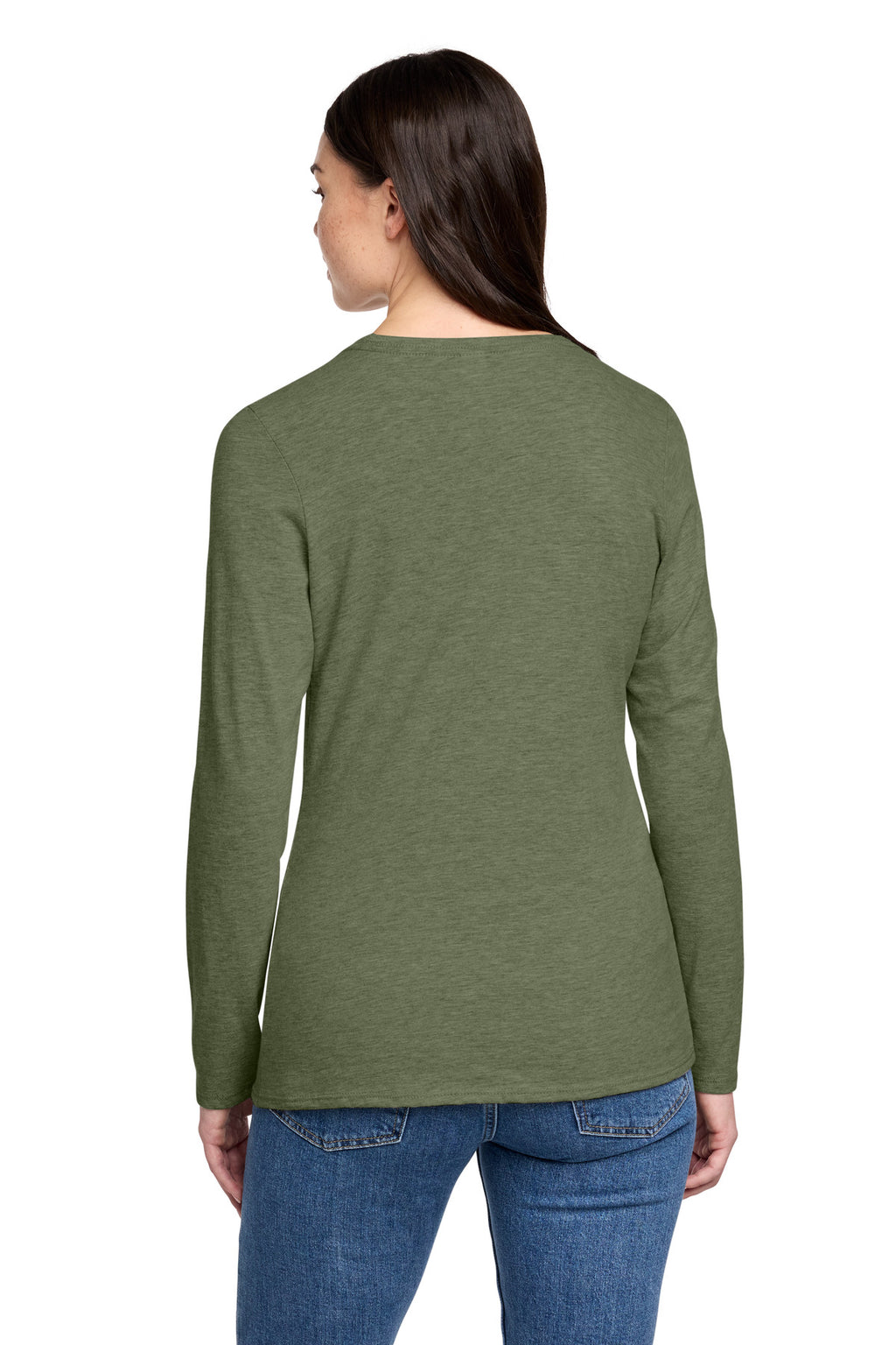 District Women's Perfect Blend CVC Long Sleeve Tee DT110 - Heathered Olive - back