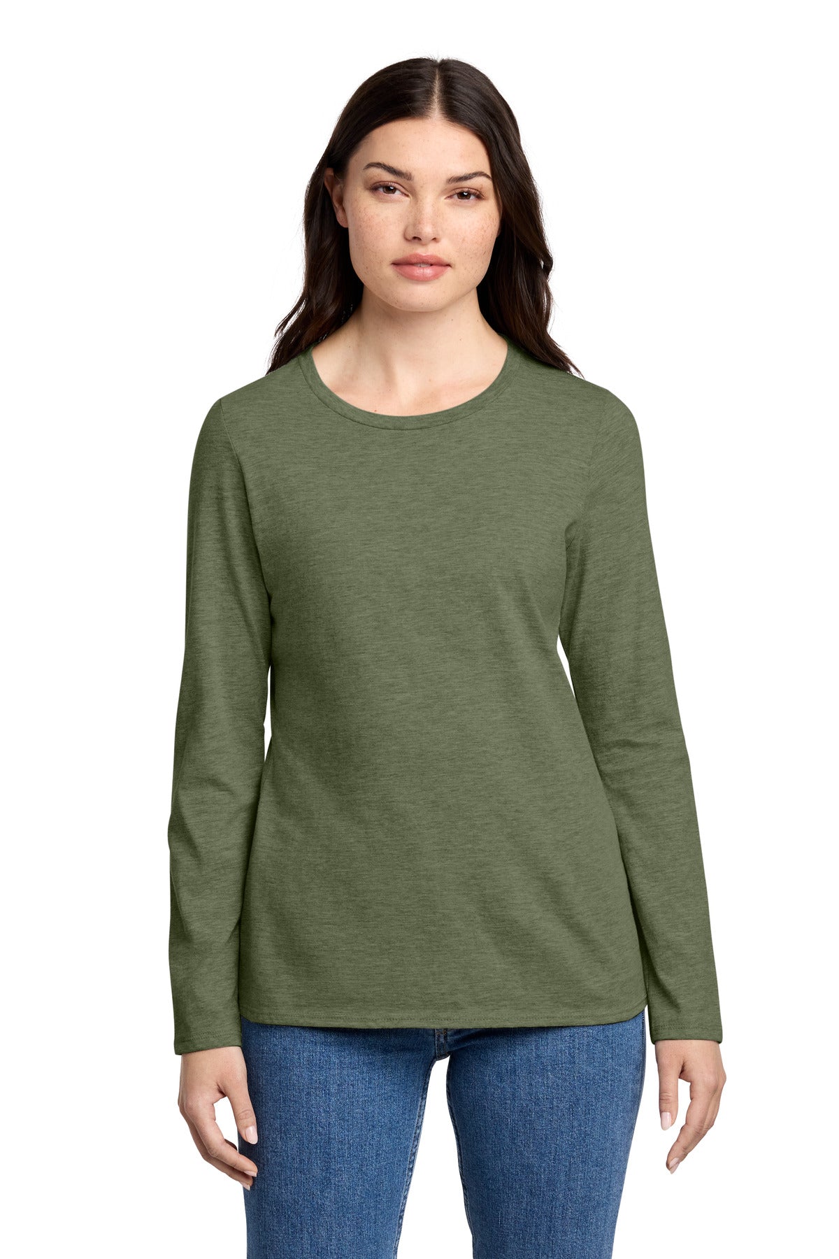 District Women's Perfect Blend CVC Long Sleeve Tee DT110 - Heathered Olive - front