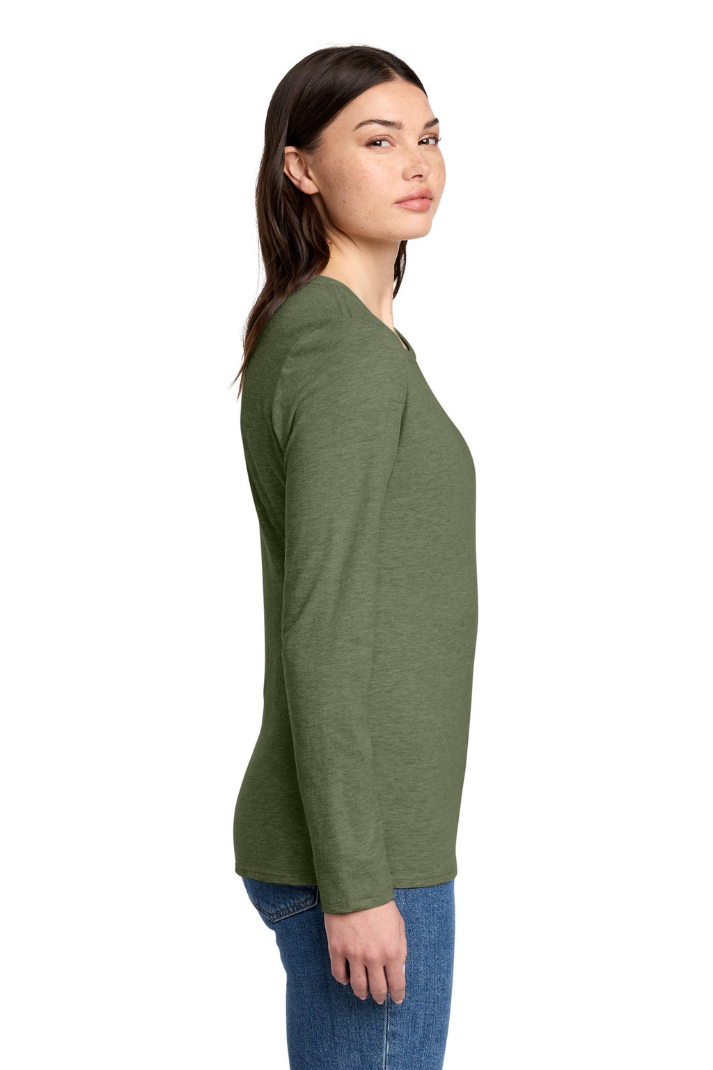 District Women's Perfect Blend CVC Long Sleeve Tee DT110 - Heathered Olive - side