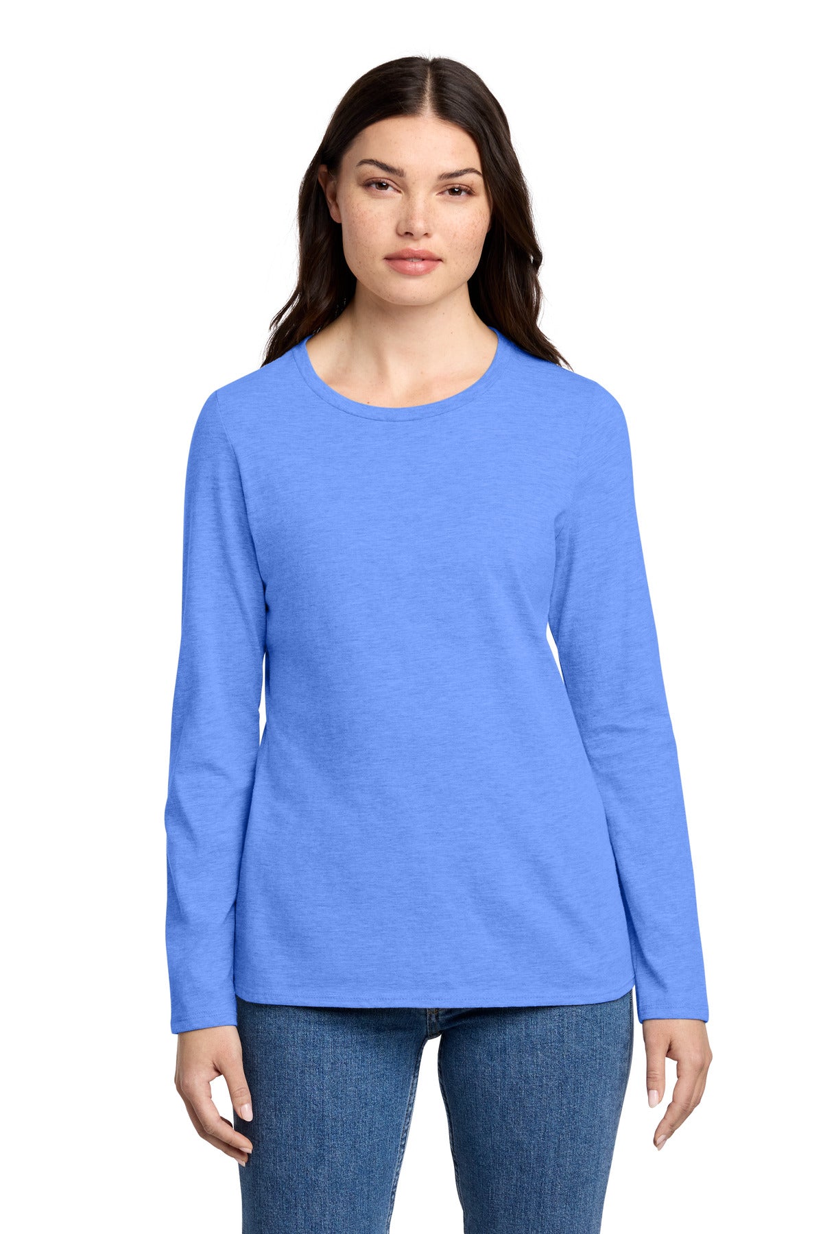 District Women's Perfect Blend CVC Long Sleeve Tee DT110 - Heathered Royal - front
