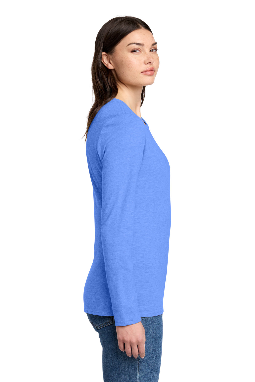 District Women's Perfect Blend CVC Long Sleeve Tee DT110 - Heathered Royal - side