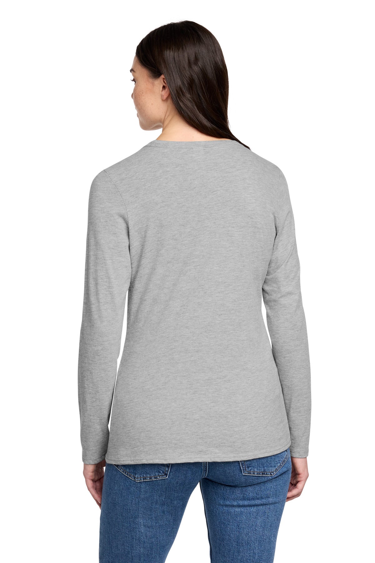 District Women's Perfect Blend CVC Long Sleeve Tee DT110 - Light Heather Grey - back