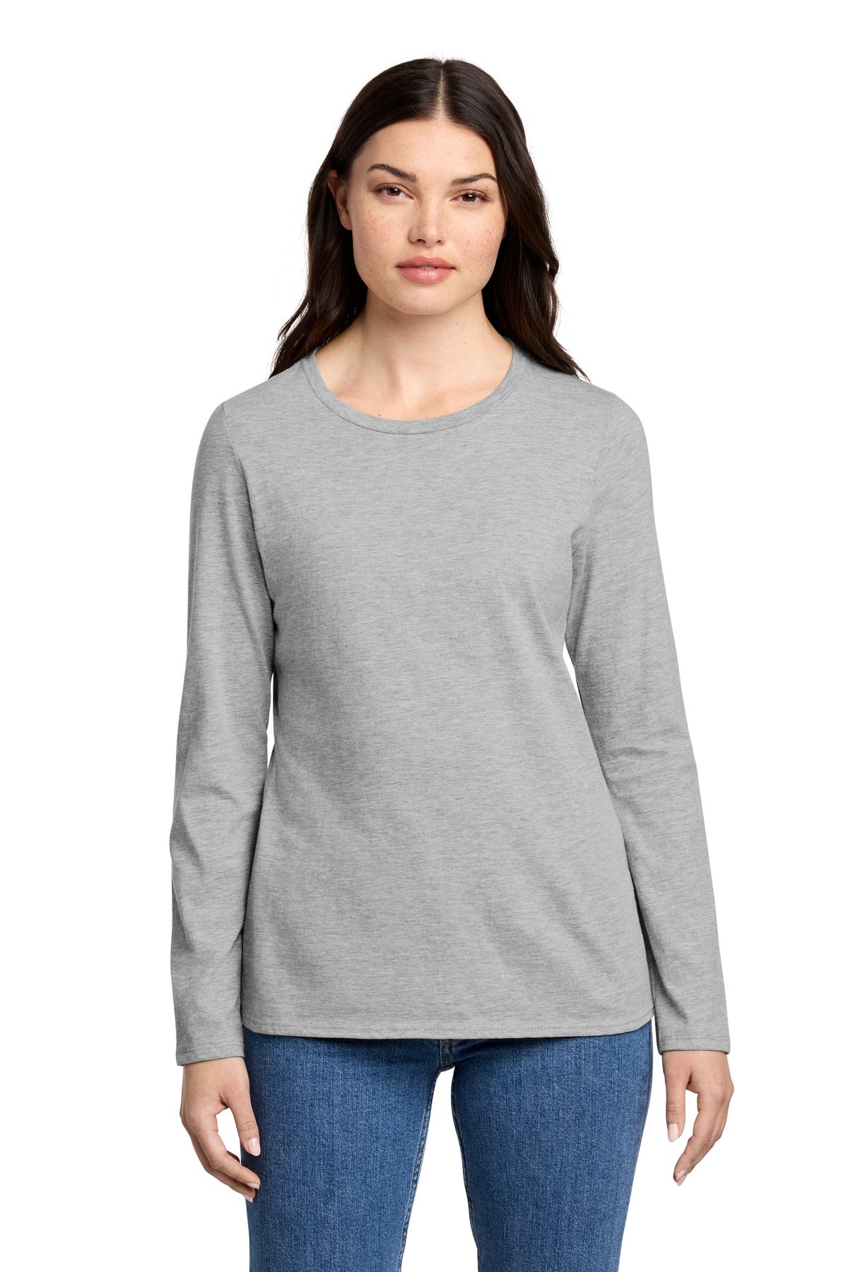 District Women's Perfect Blend CVC Long Sleeve Tee DT110 - Light Heather Grey - front