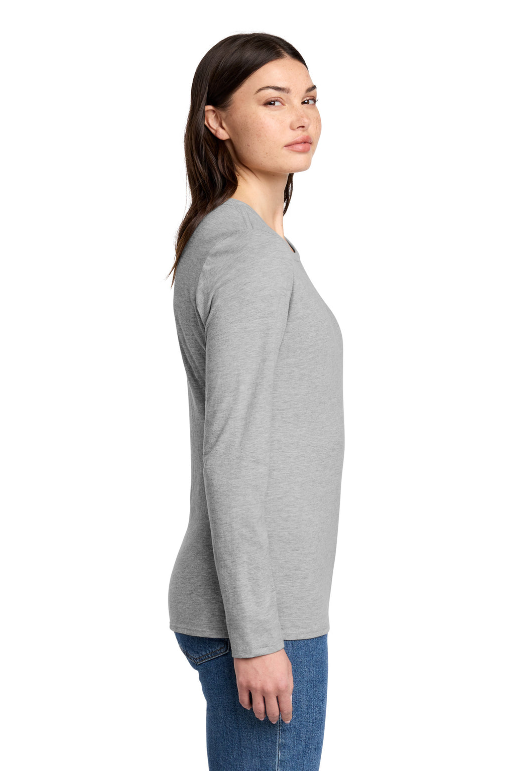 District Women's Perfect Blend CVC Long Sleeve Tee DT110 - Light Heather Grey - side