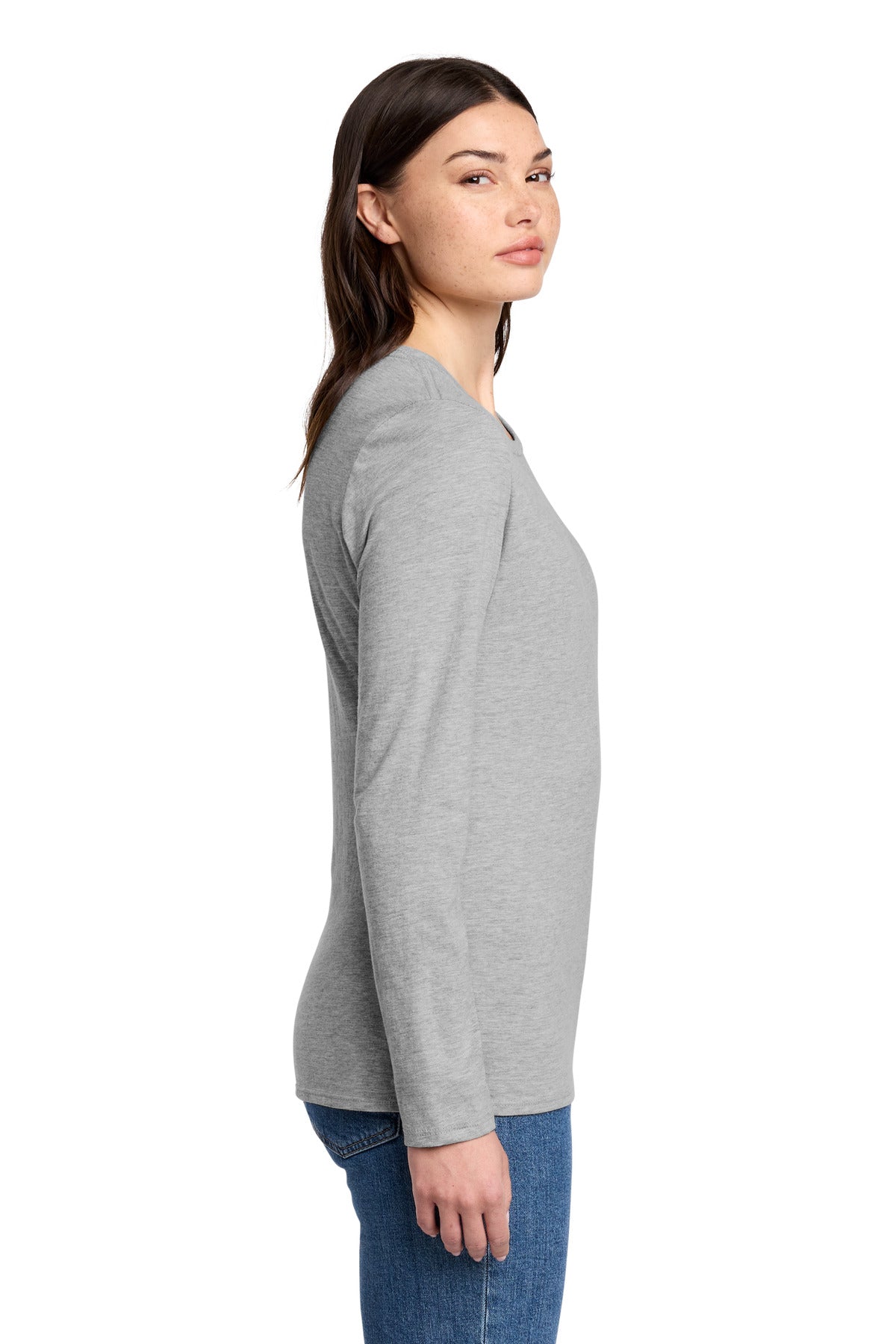 District Women's Perfect Blend CVC Long Sleeve Tee DT110 - Light Heather Grey - side