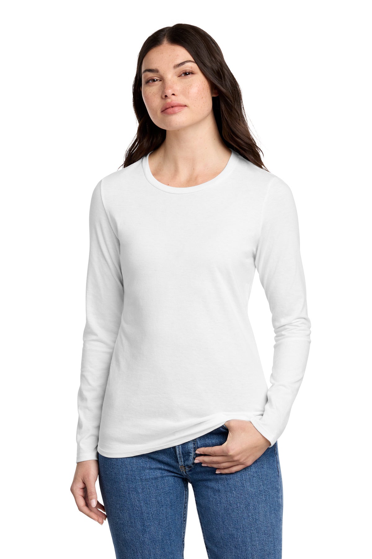 District Women's Perfect Blend CVC Long Sleeve Tee DT110 - White - front