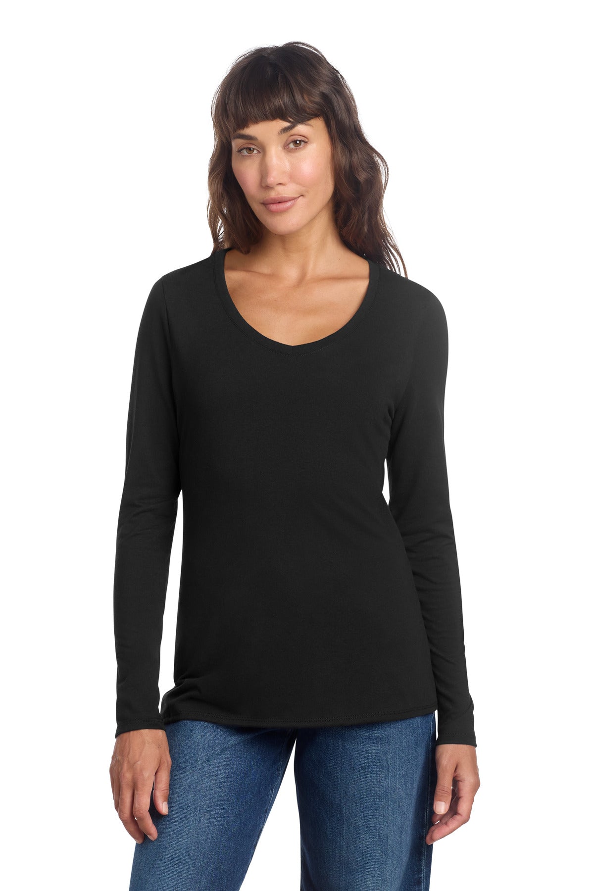 District Women's Perfect Tri Long Sleeve V-Neck Tee DT135 - Black - front