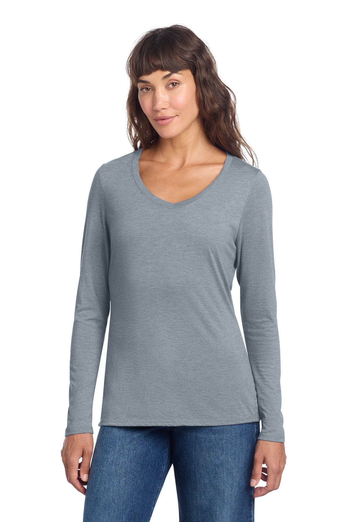 District Women's Perfect Tri Long Sleeve V-Neck Tee DT135 - Flint Blue Heather - front