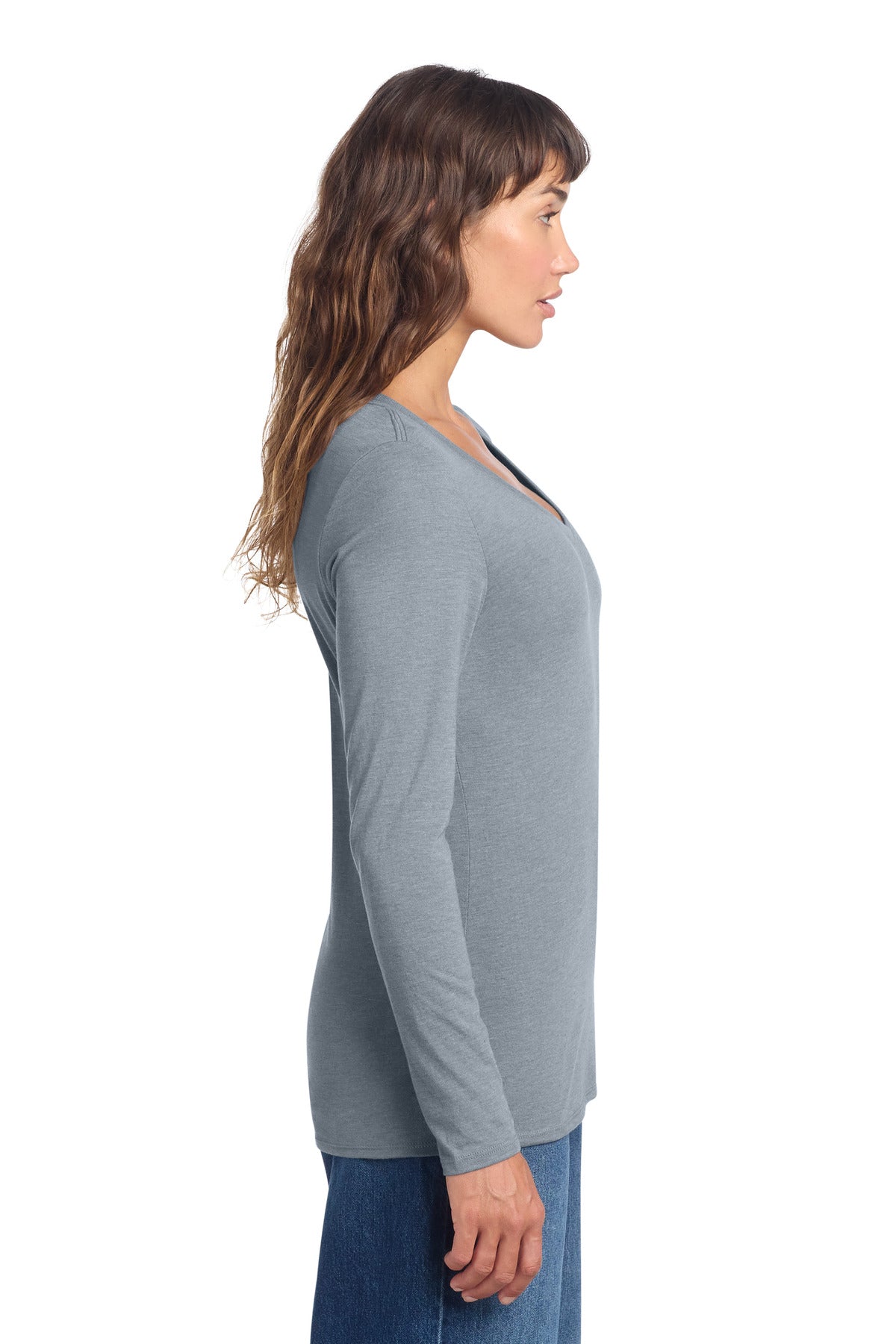 District Women's Perfect Tri Long Sleeve V-Neck Tee DT135 - Flint Blue Heather - side