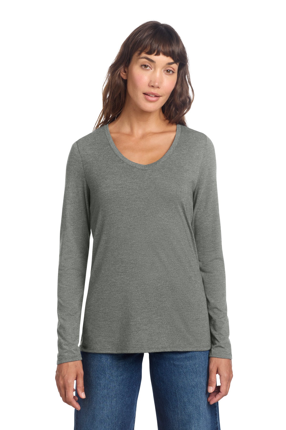 District Women's Perfect Tri Long Sleeve V-Neck Tee DT135 - Heathered Charcoal - front