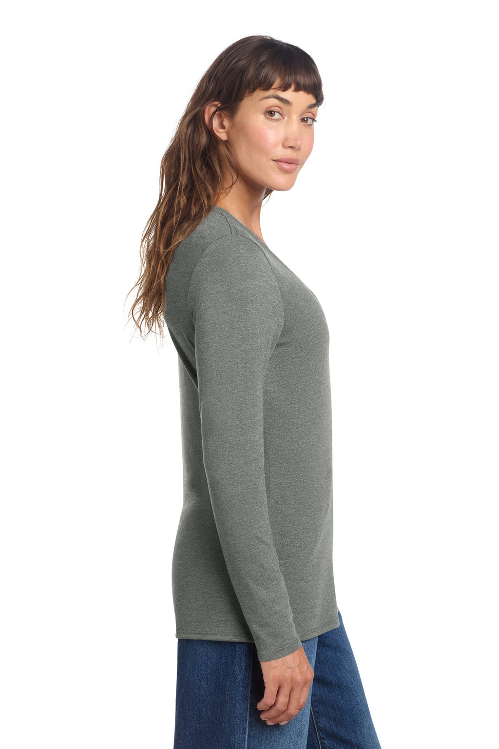 District Women's Perfect Tri Long Sleeve V-Neck Tee DT135 - Heathered Charcoal - side