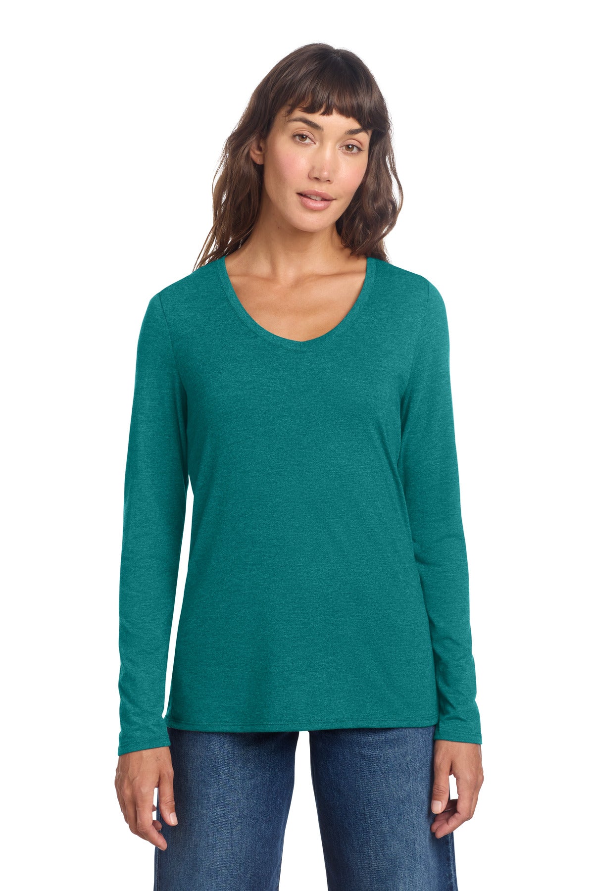District Women's Perfect Tri Long Sleeve V-Neck Tee DT135 - Heathered Teal - front