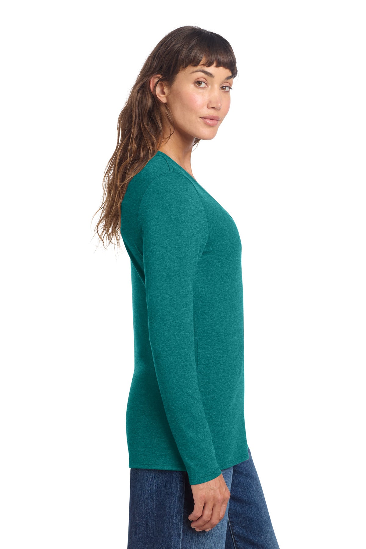 District Women's Perfect Tri Long Sleeve V-Neck Tee DT135 - Heathered Teal - side