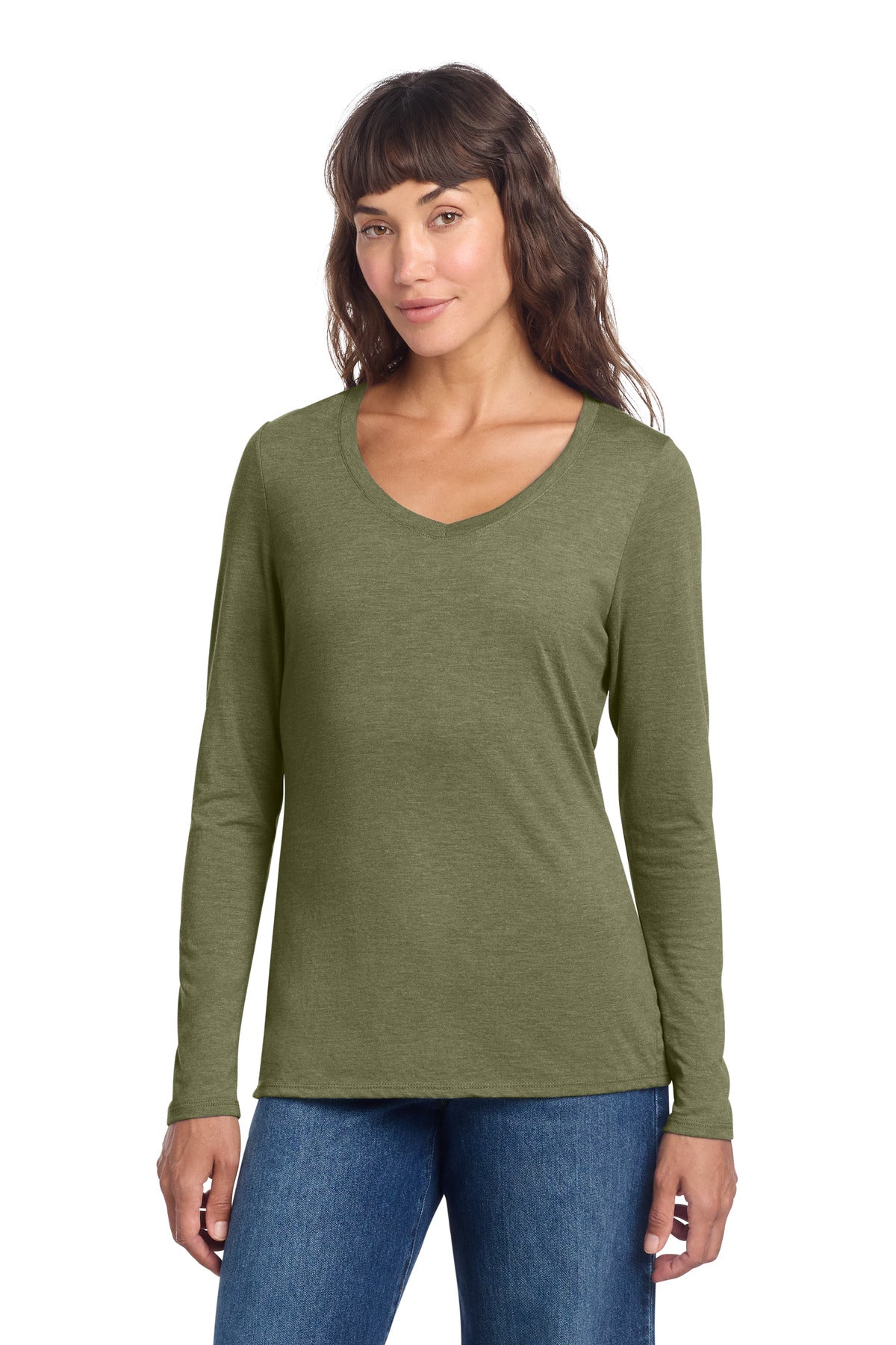 District Women's Perfect Tri Long Sleeve V-Neck Tee DT135 - Military Green Frost - front