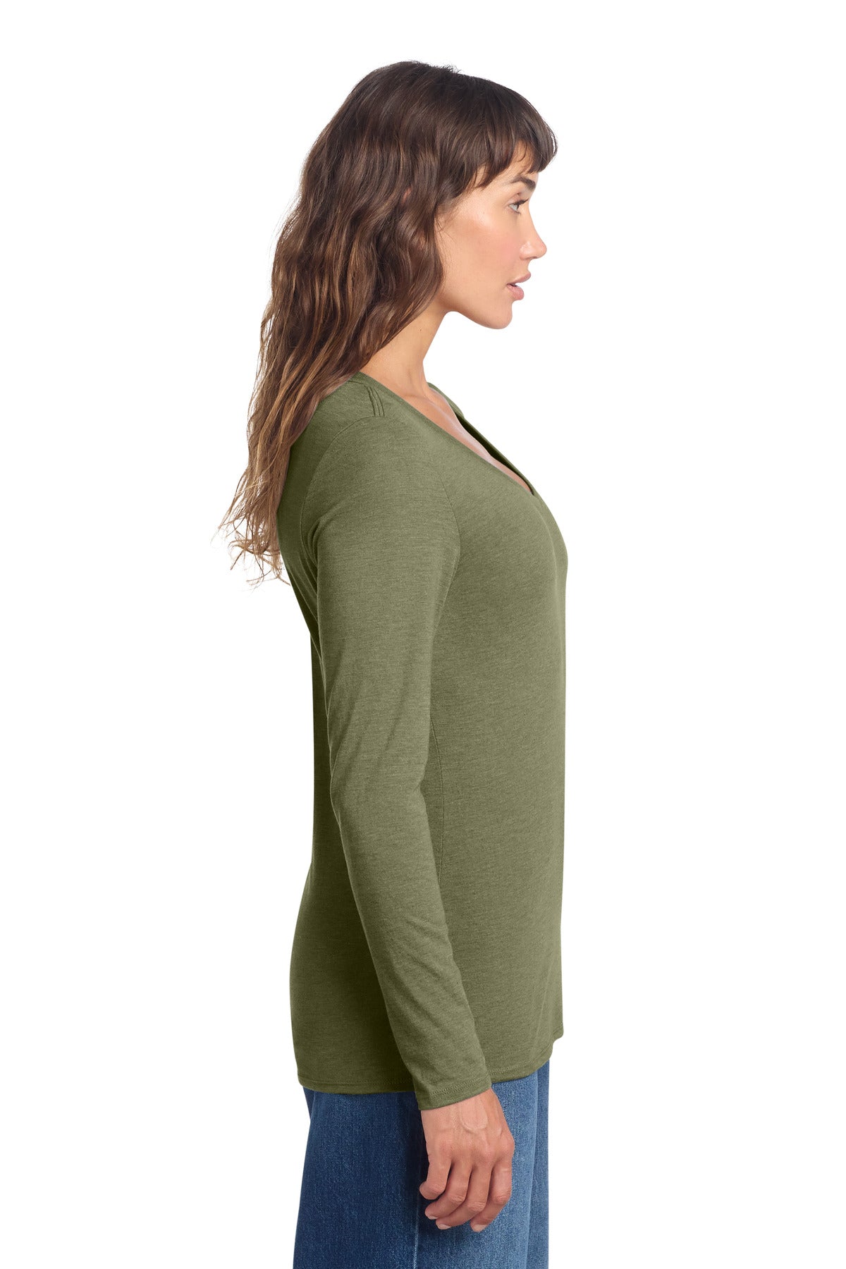 District Women's Perfect Tri Long Sleeve V-Neck Tee DT135 - Military Green Frost - side