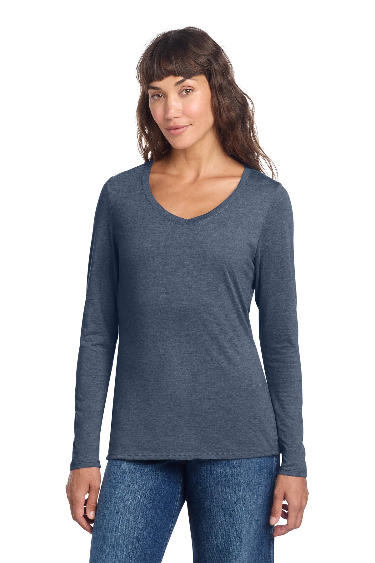 District Women's Perfect Tri Long Sleeve V-Neck Tee DT135 - Navy Frost - front