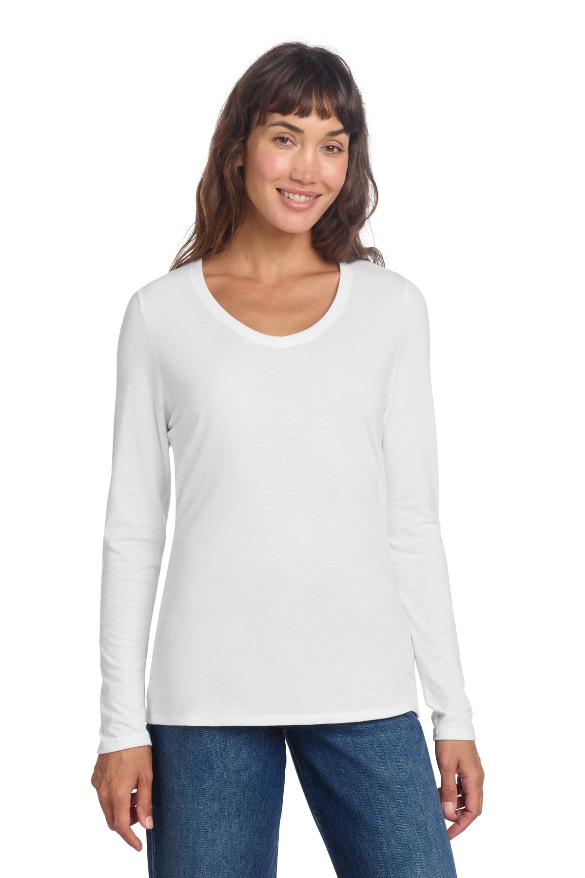 District Women's Perfect Tri Long Sleeve V-Neck Tee DT135 - White - front