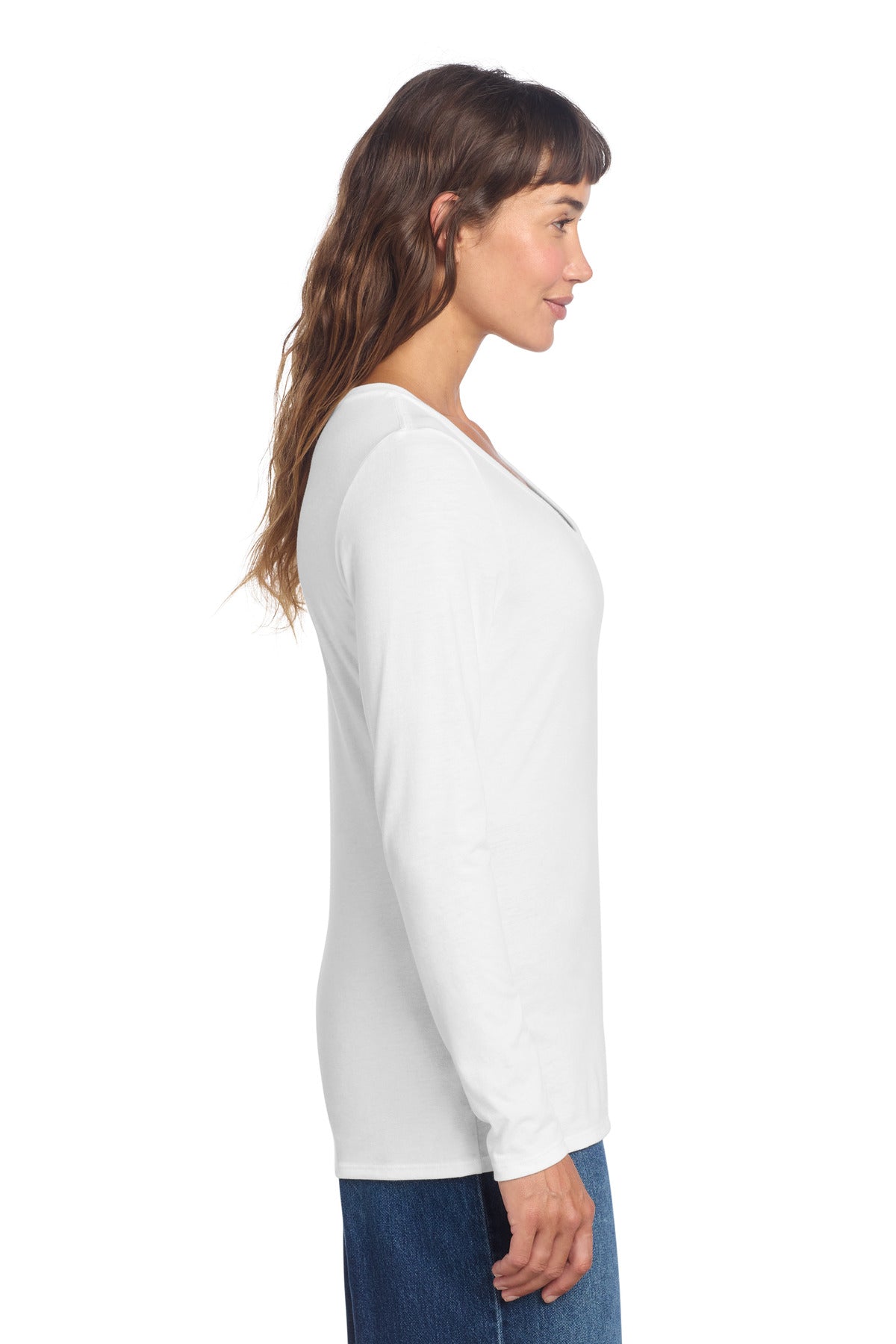 District Women's Perfect Tri Long Sleeve V-Neck Tee DT135 - White - side