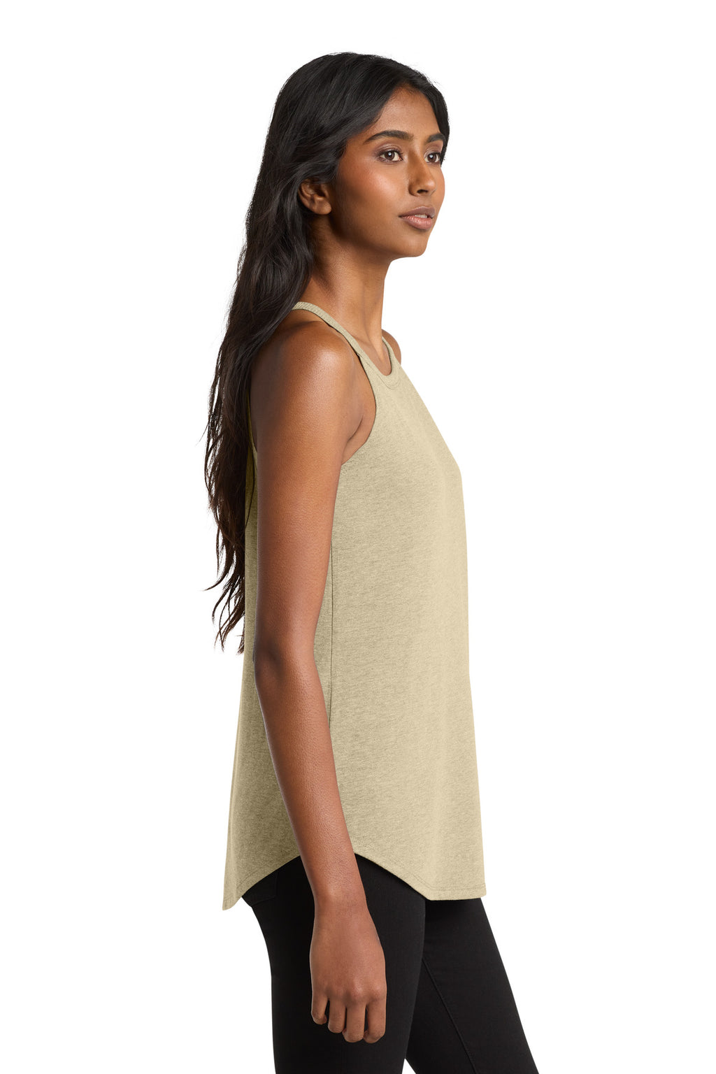 District Women's Perfect Tri Rocker Tank. DT137L - Desert Tan Heather - side