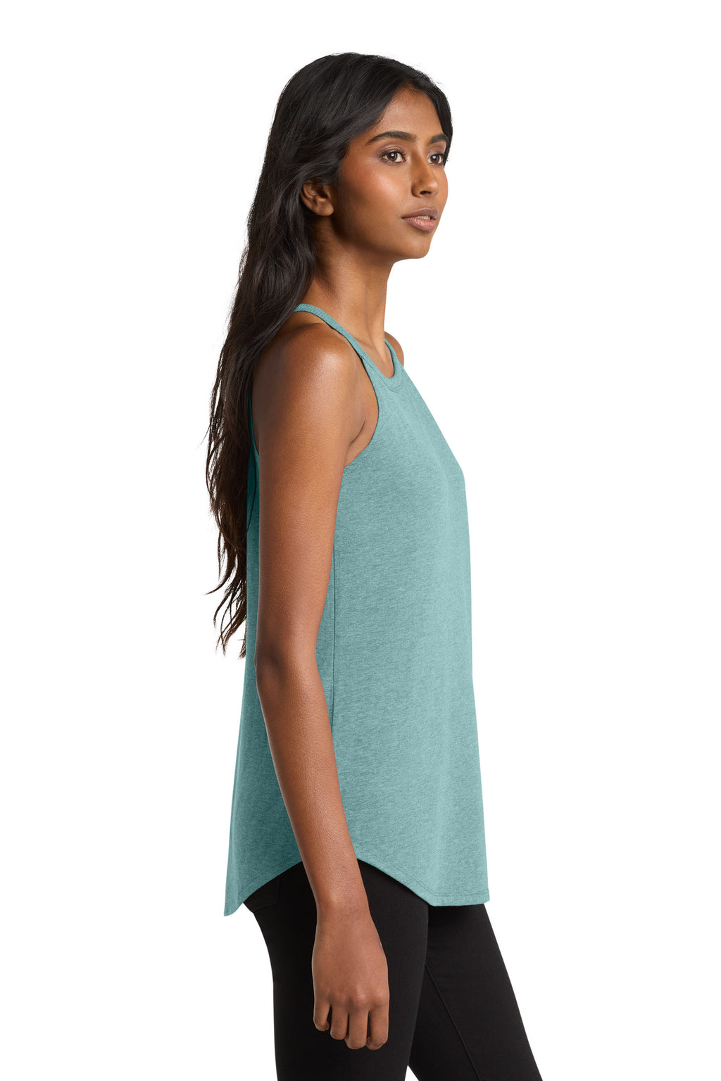 District Women's Perfect Tri Rocker Tank. DT137L - Heathered Eucalyptus Blue - side
