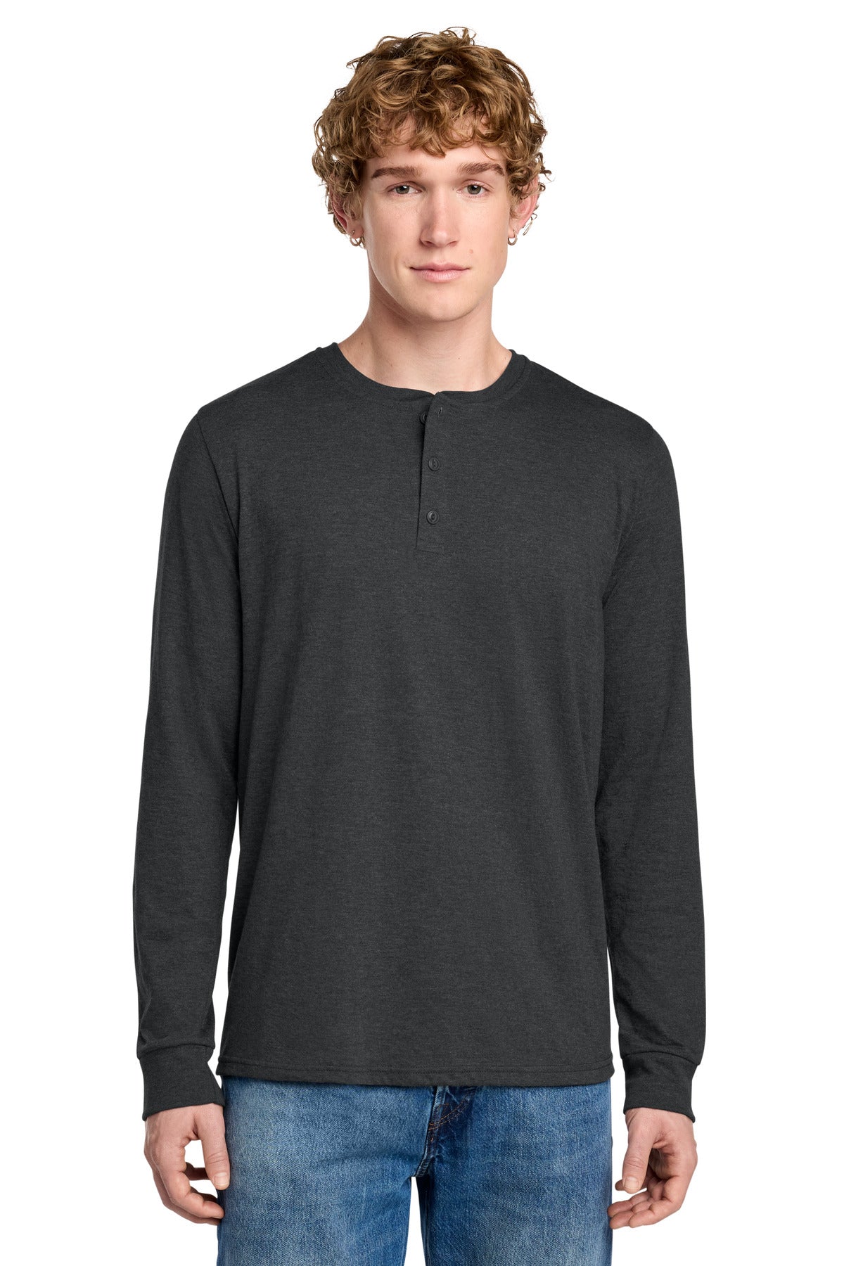 District Perfect Tri Long Sleeve Henley DT145 - Black Frost - front