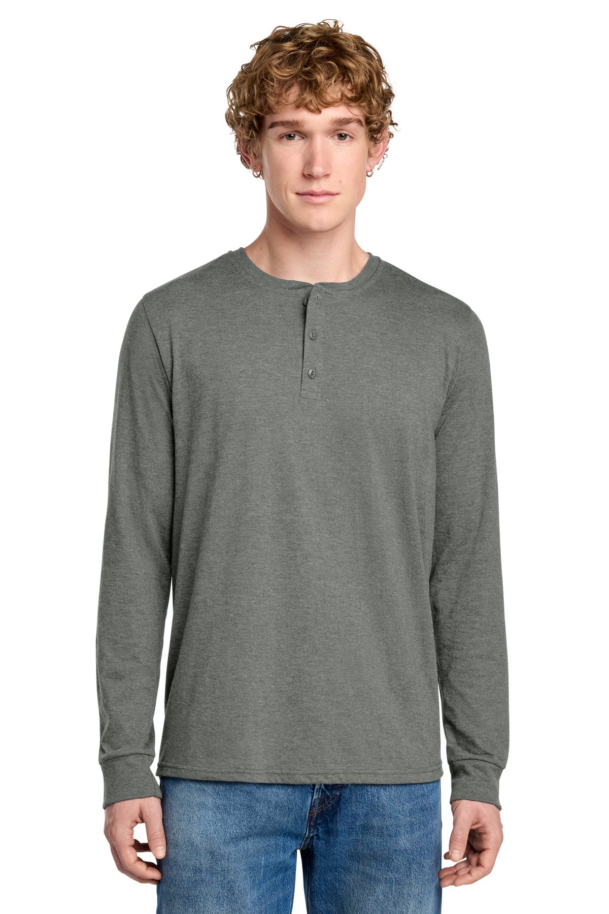 District Perfect Tri Long Sleeve Henley DT145 - Heathered Charcoal - front