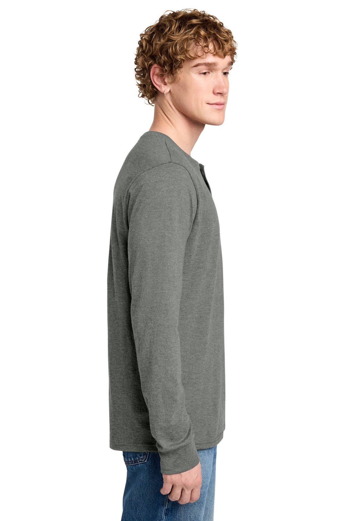 District Perfect Tri Long Sleeve Henley DT145 - Heathered Charcoal - side