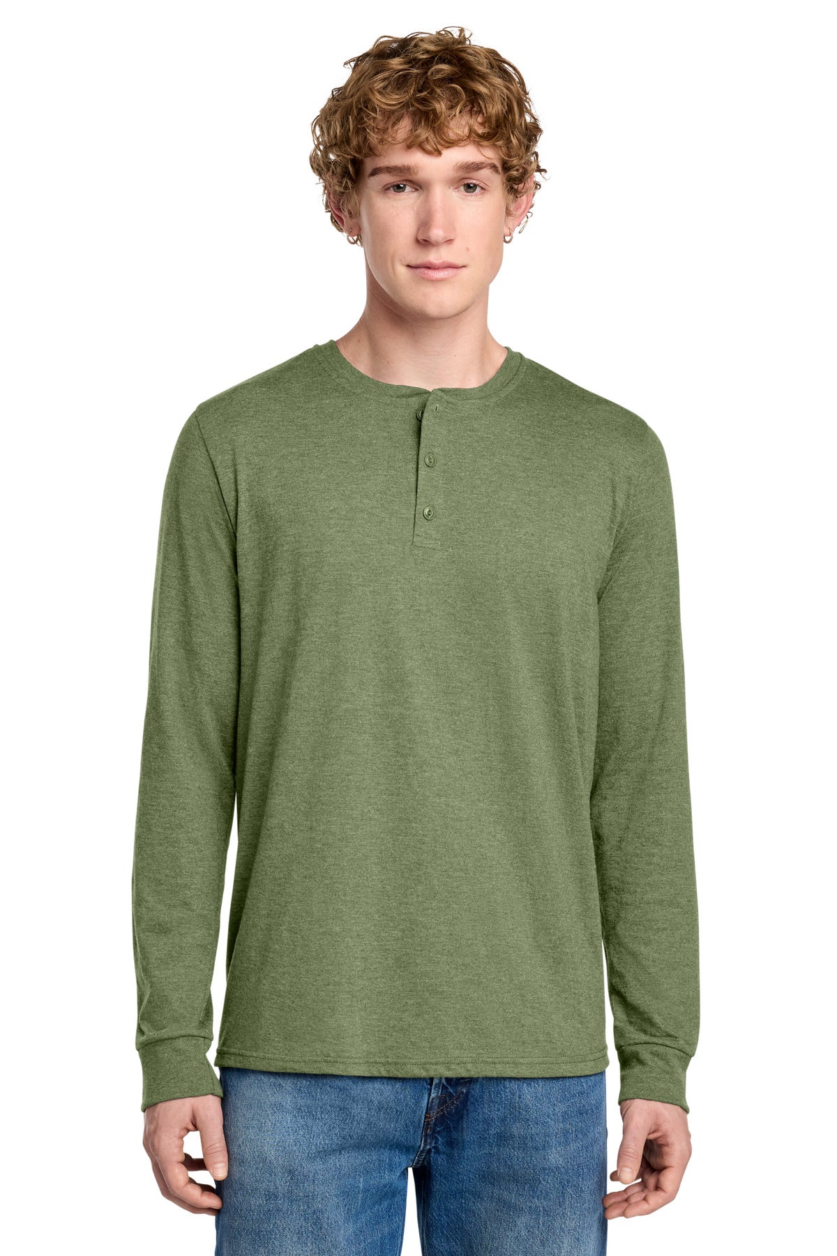 District Perfect Tri Long Sleeve Henley DT145 - Military Green Frost - front