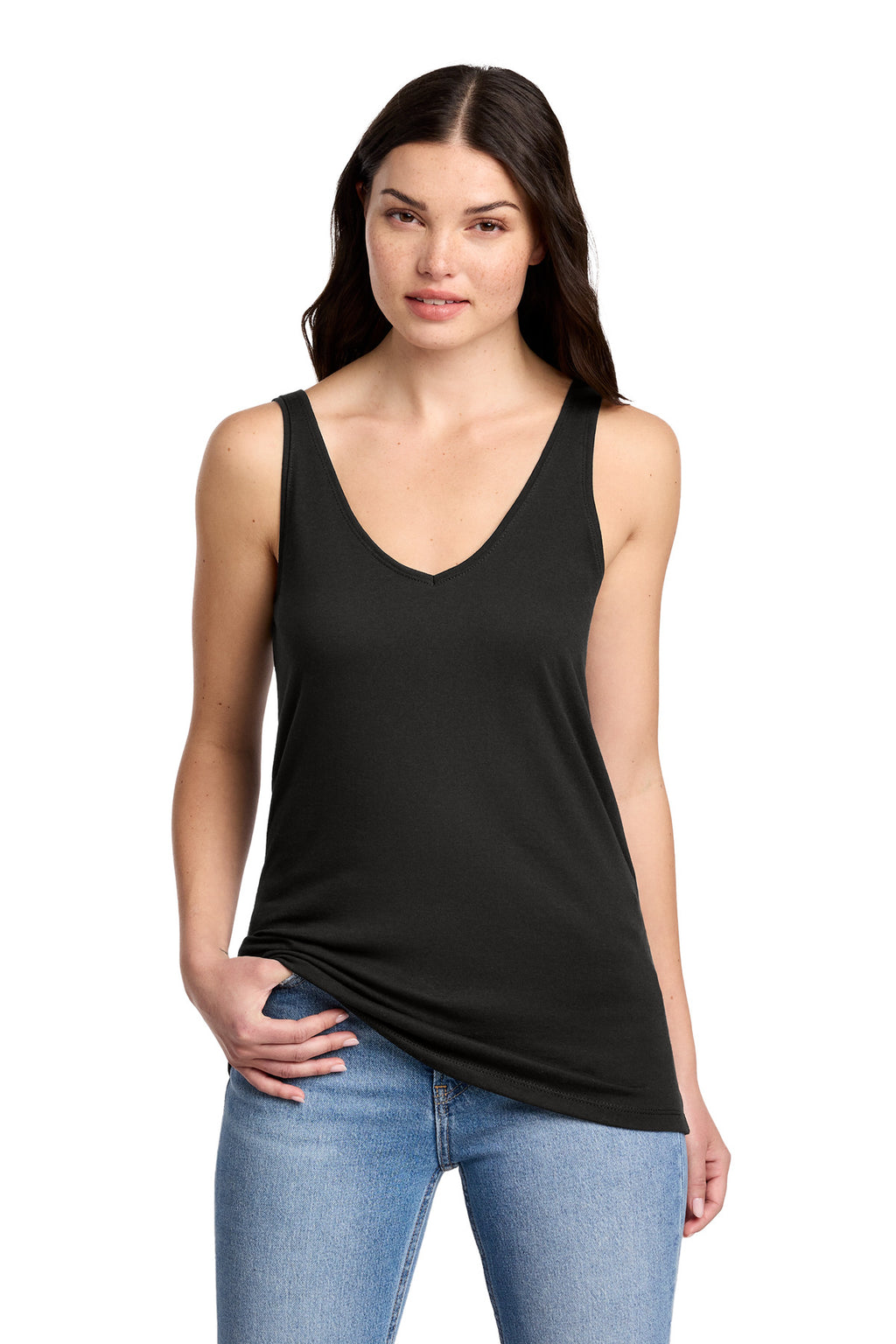 District Women's Perfect Blend CVC V-Neck Tank DT154 - Black - front