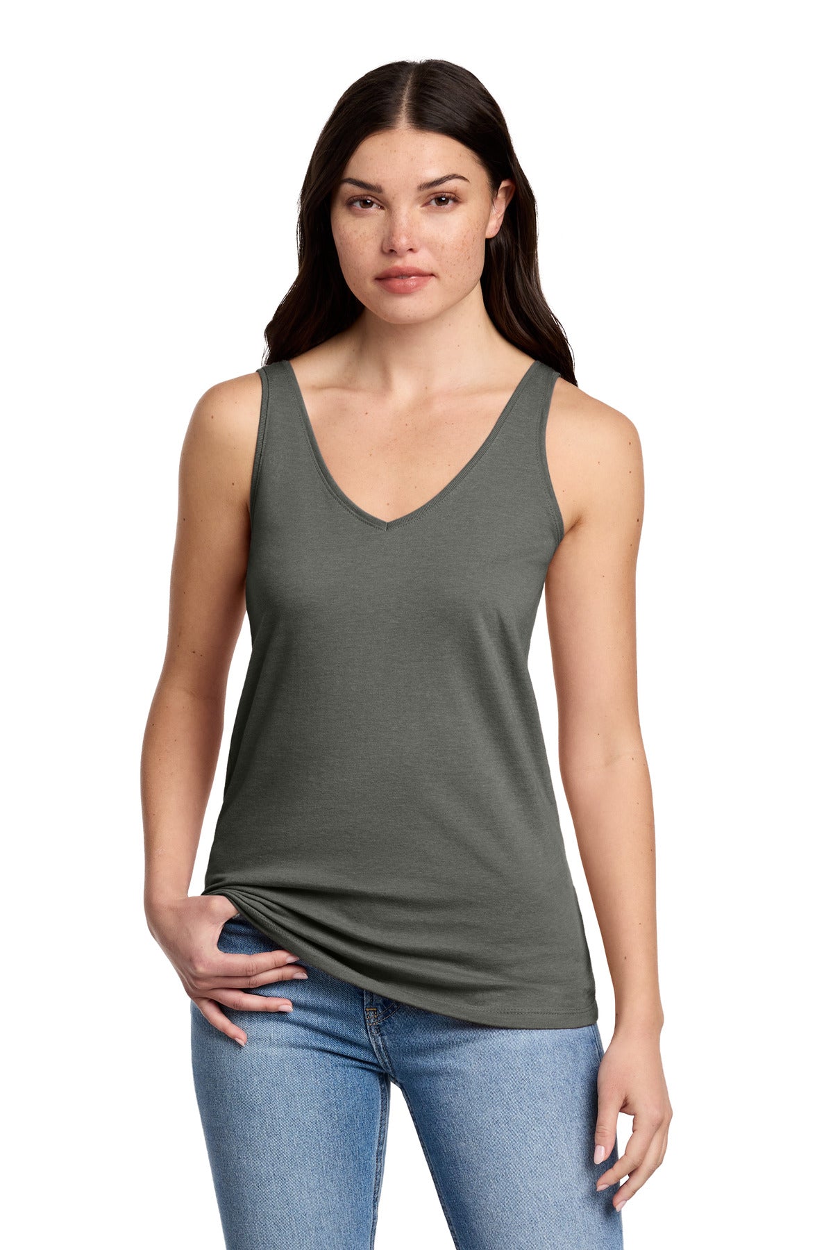 District Women's Perfect Blend CVC V-Neck Tank DT154 - Heathered Charcoal - front