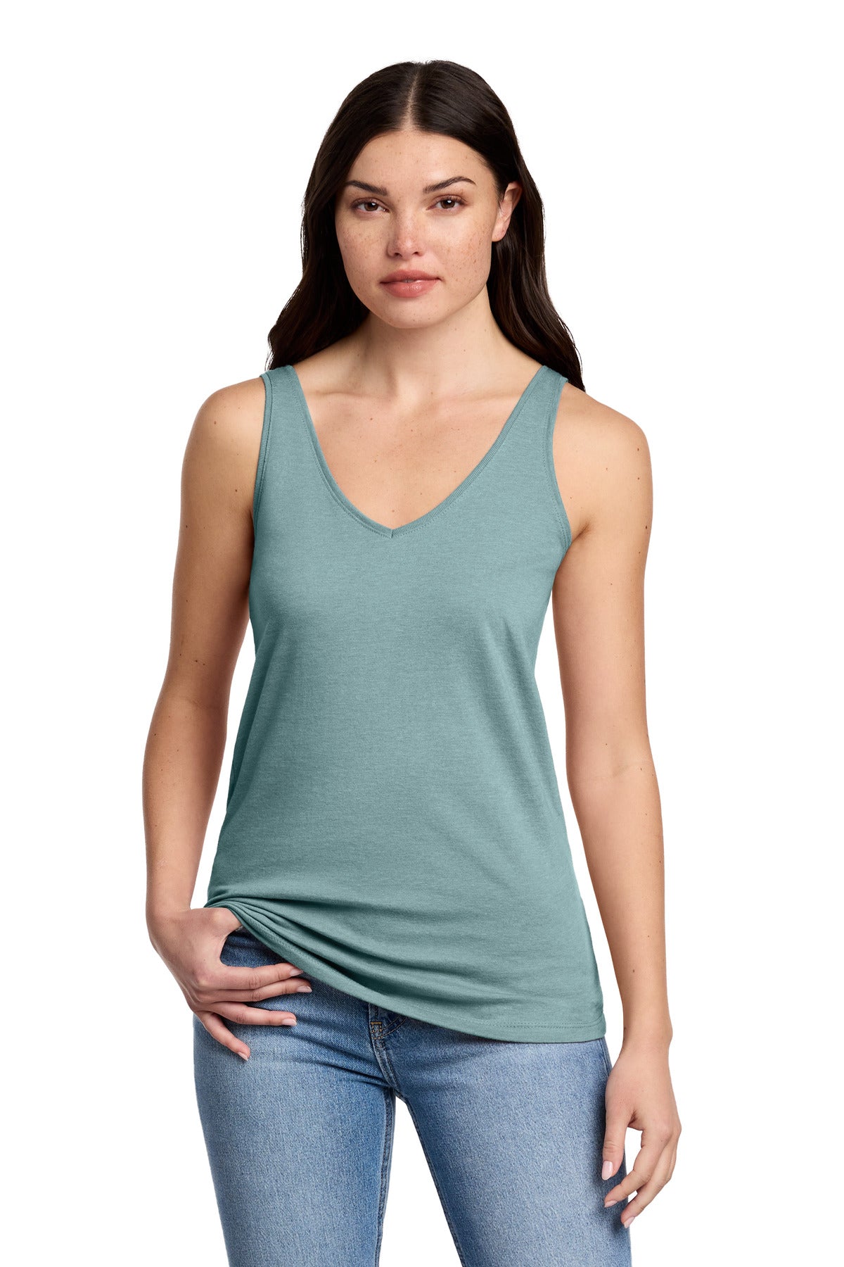 District Women's Perfect Blend CVC V-Neck Tank DT154 - Heathered Eucalyptus Blue - front