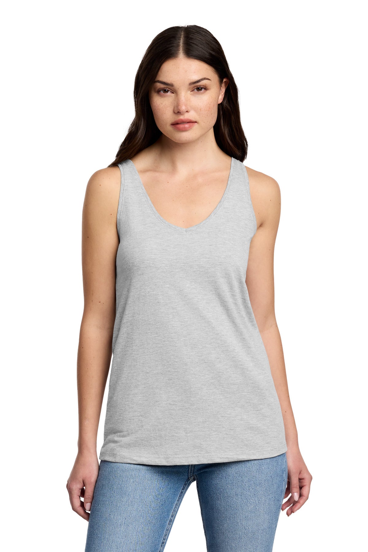 District Women's Perfect Blend CVC V-Neck Tank DT154 - Light Heather Grey - front