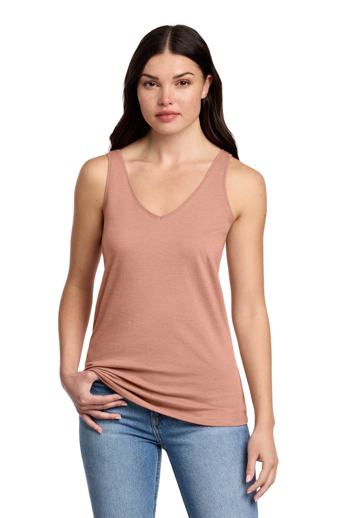 District Women's Perfect Blend CVC V-Neck Tank DT154 - Nostalgia Rose Heather - front