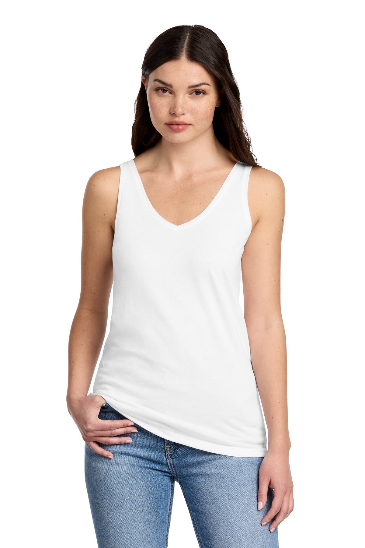 District Women's Perfect Blend CVC V-Neck Tank DT154 - White - front
