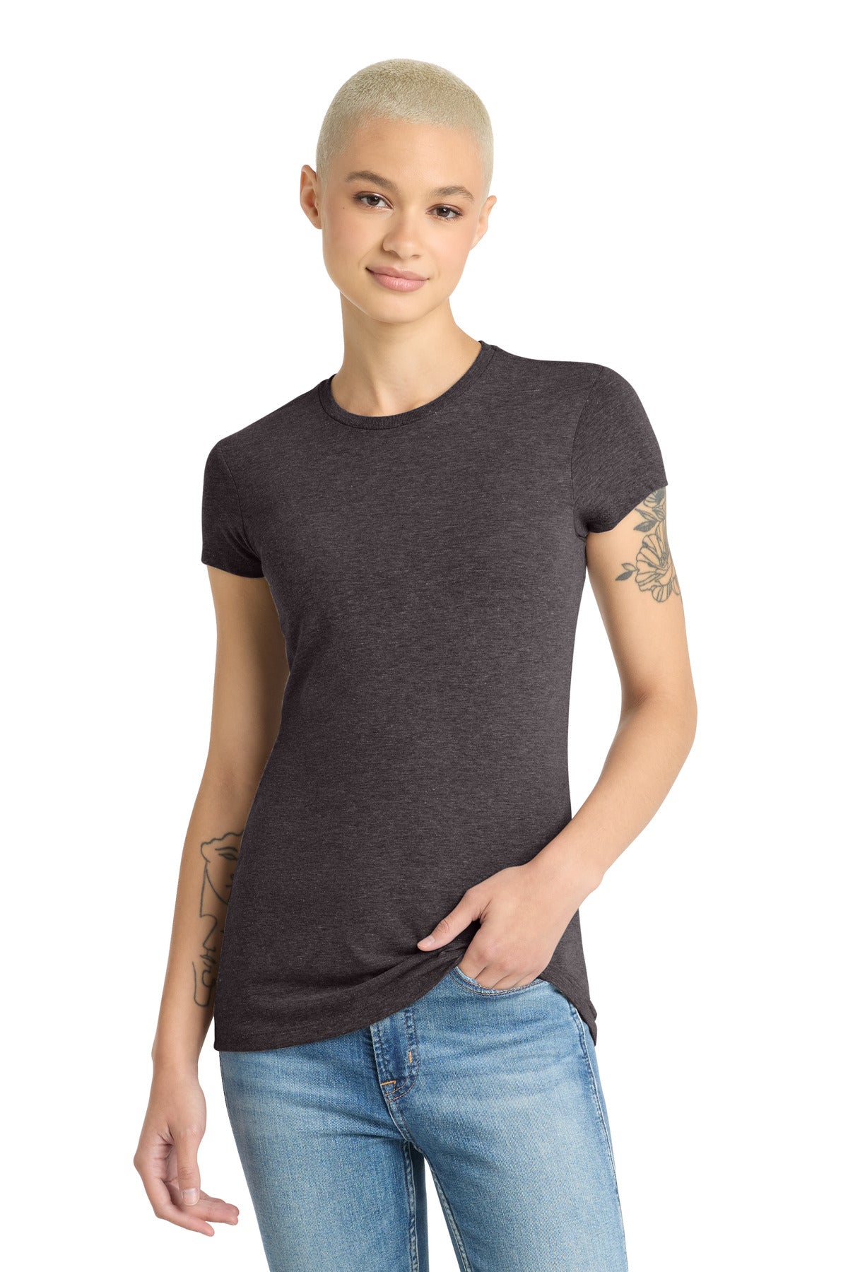 District Women's Fitted Perfect Tri Tee. DT155 - Heathered Charcoal - front