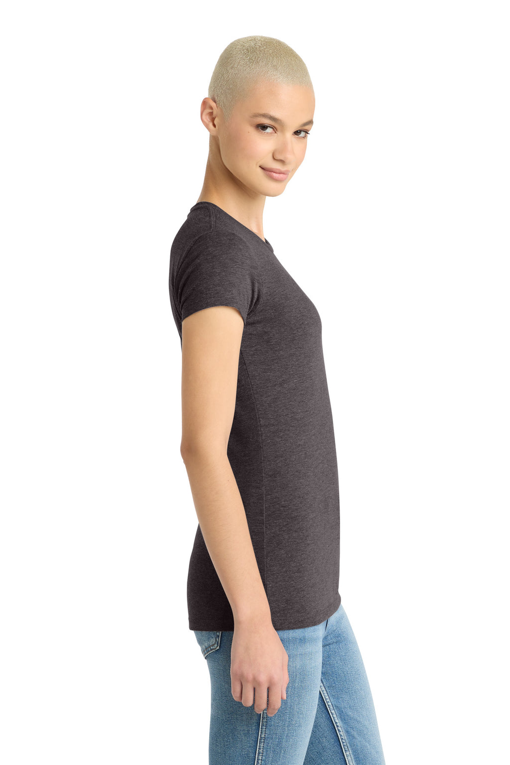 District Women's Fitted Perfect Tri Tee. DT155 - Heathered Charcoal - side