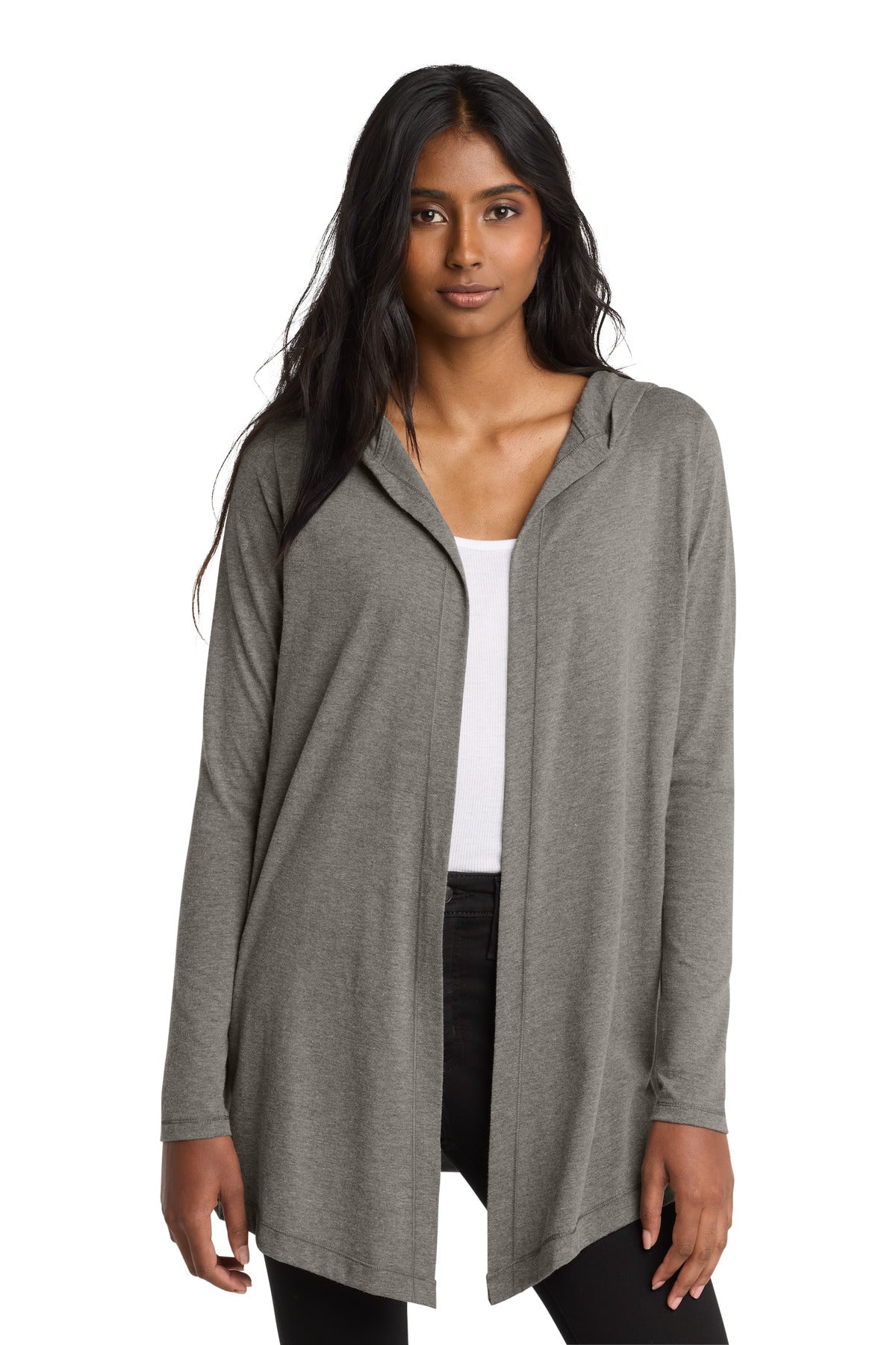 District Women's Perfect Tri Hooded Cardigan. DT156 - Grey Frost - front