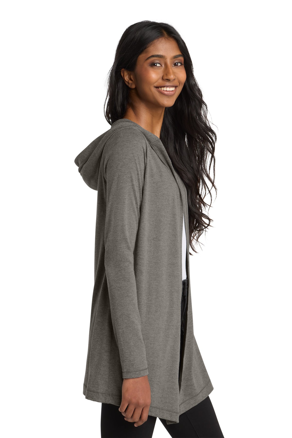 District Women's Perfect Tri Hooded Cardigan. DT156 - Grey Frost - side