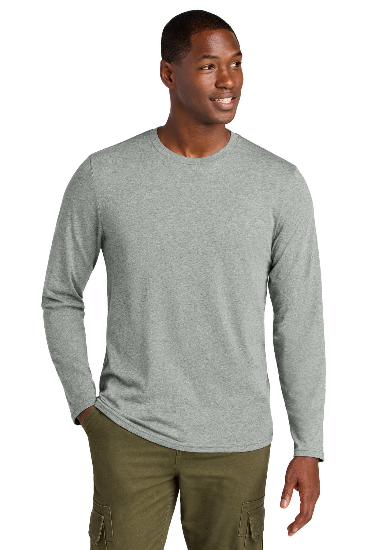 District Perfect Weight CVC Long Sleeve Tee DT185 - Light Heather Grey - front