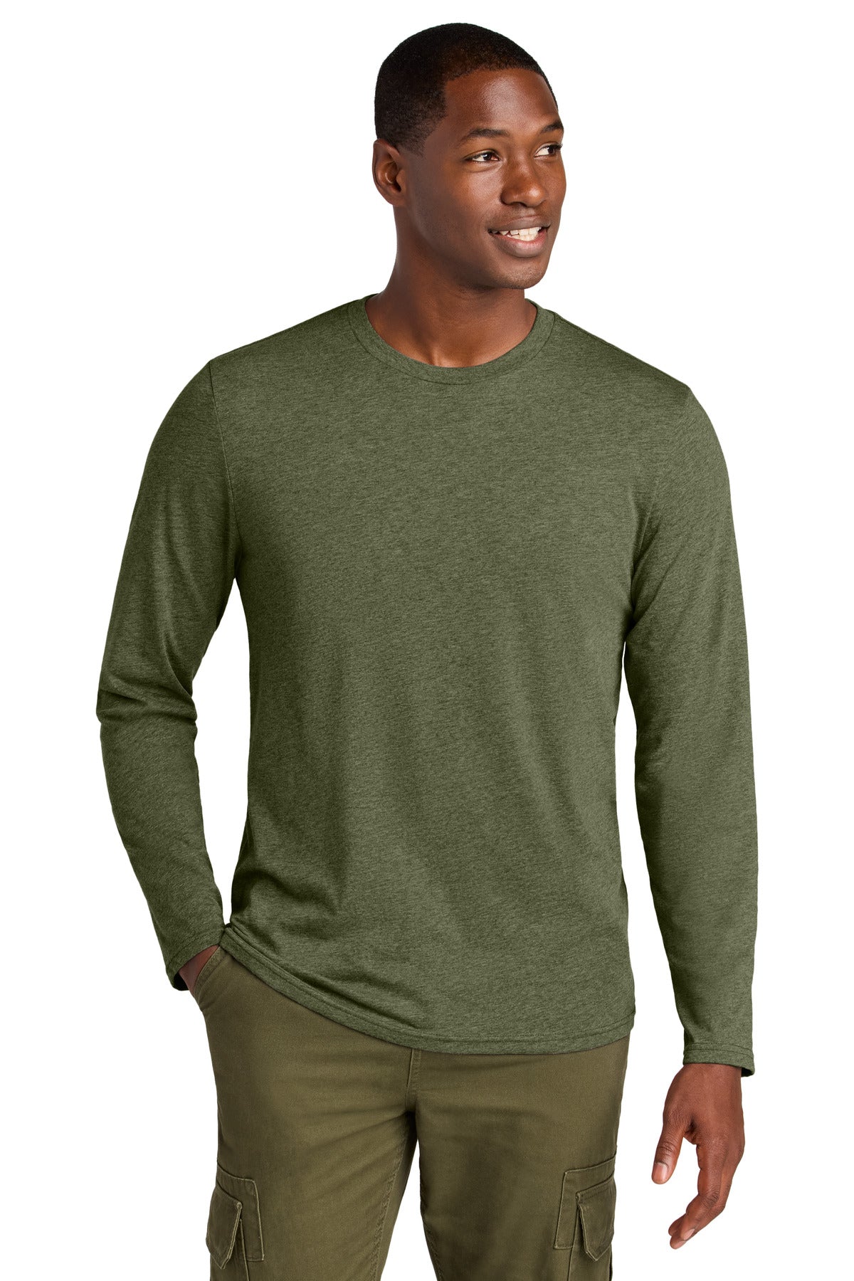 District Perfect Weight CVC Long Sleeve Tee DT185 - Military Green Heather - front