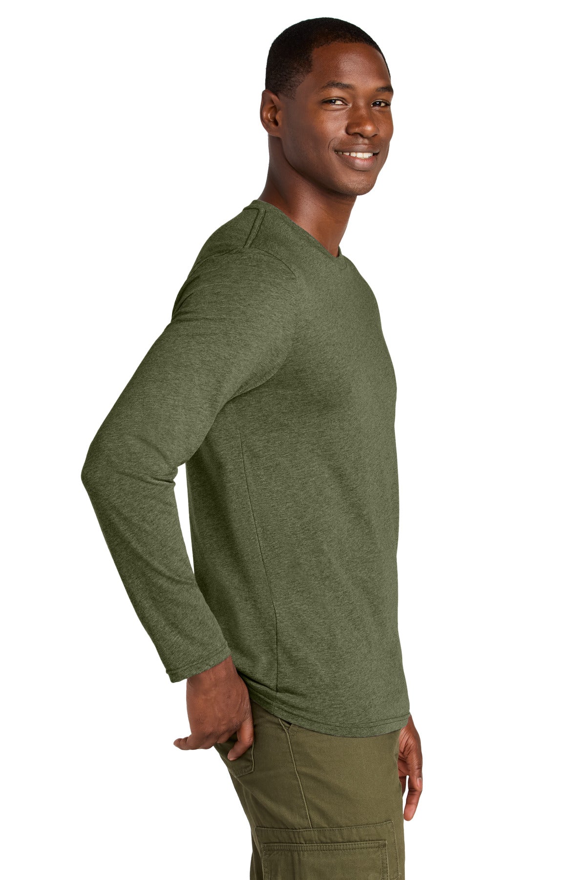 District Perfect Weight CVC Long Sleeve Tee DT185 - Military Green Heather - side