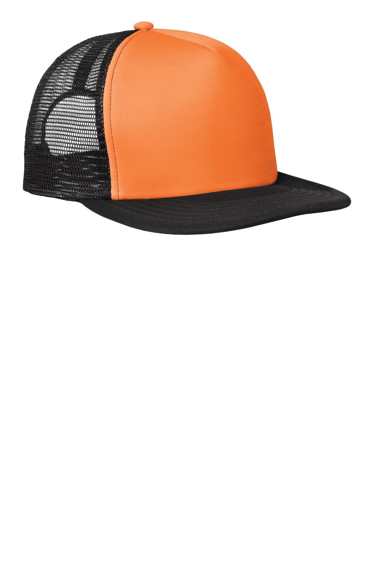 District Flat Bill Snapback Trucker Cap. DT624 - Neon Orange - front