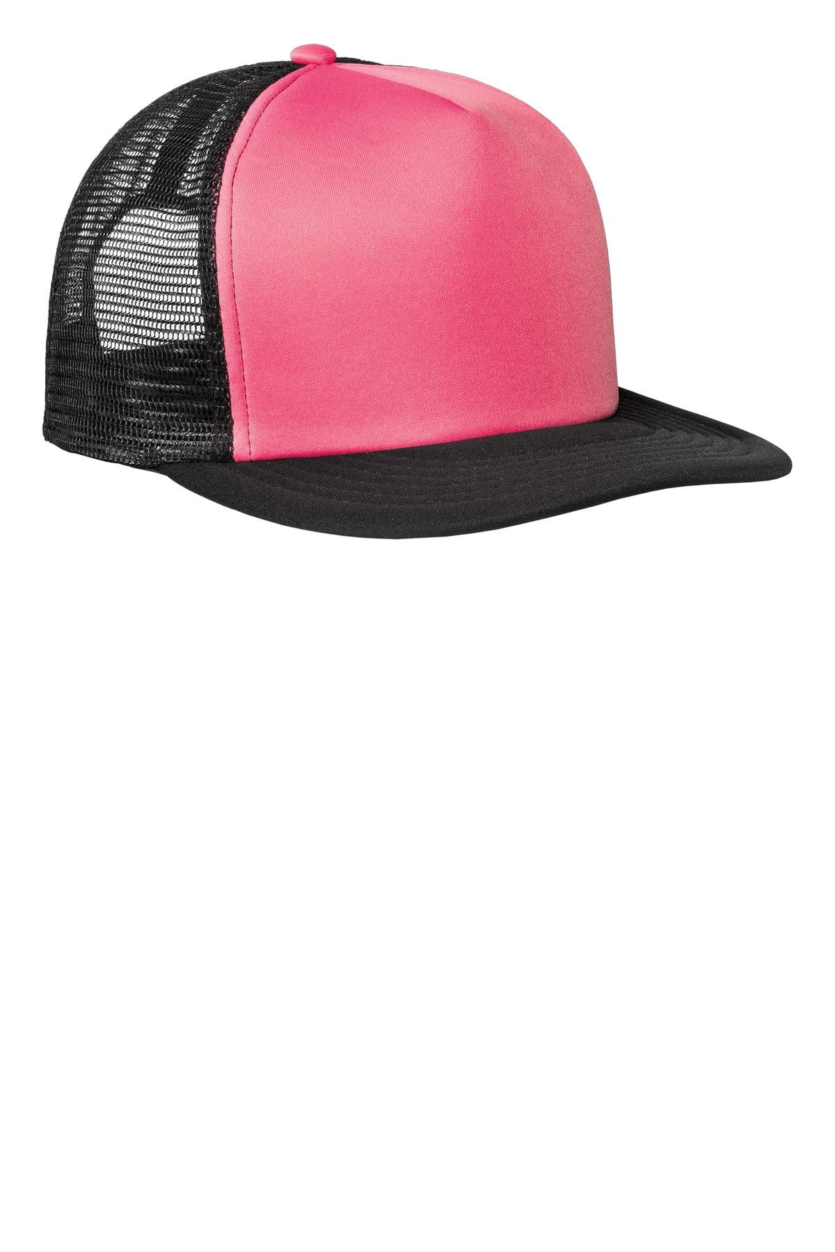 District Flat Bill Snapback Trucker Cap. DT624 - Neon Pink - front