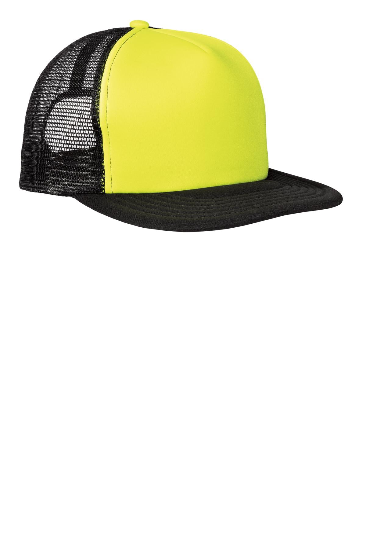 District Flat Bill Snapback Trucker Cap. DT624 - Neon Yellow - front