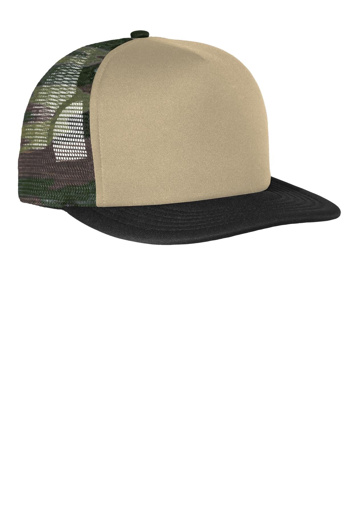 District Flat Bill Snapback Trucker Cap. DT624 - Military Camo - front