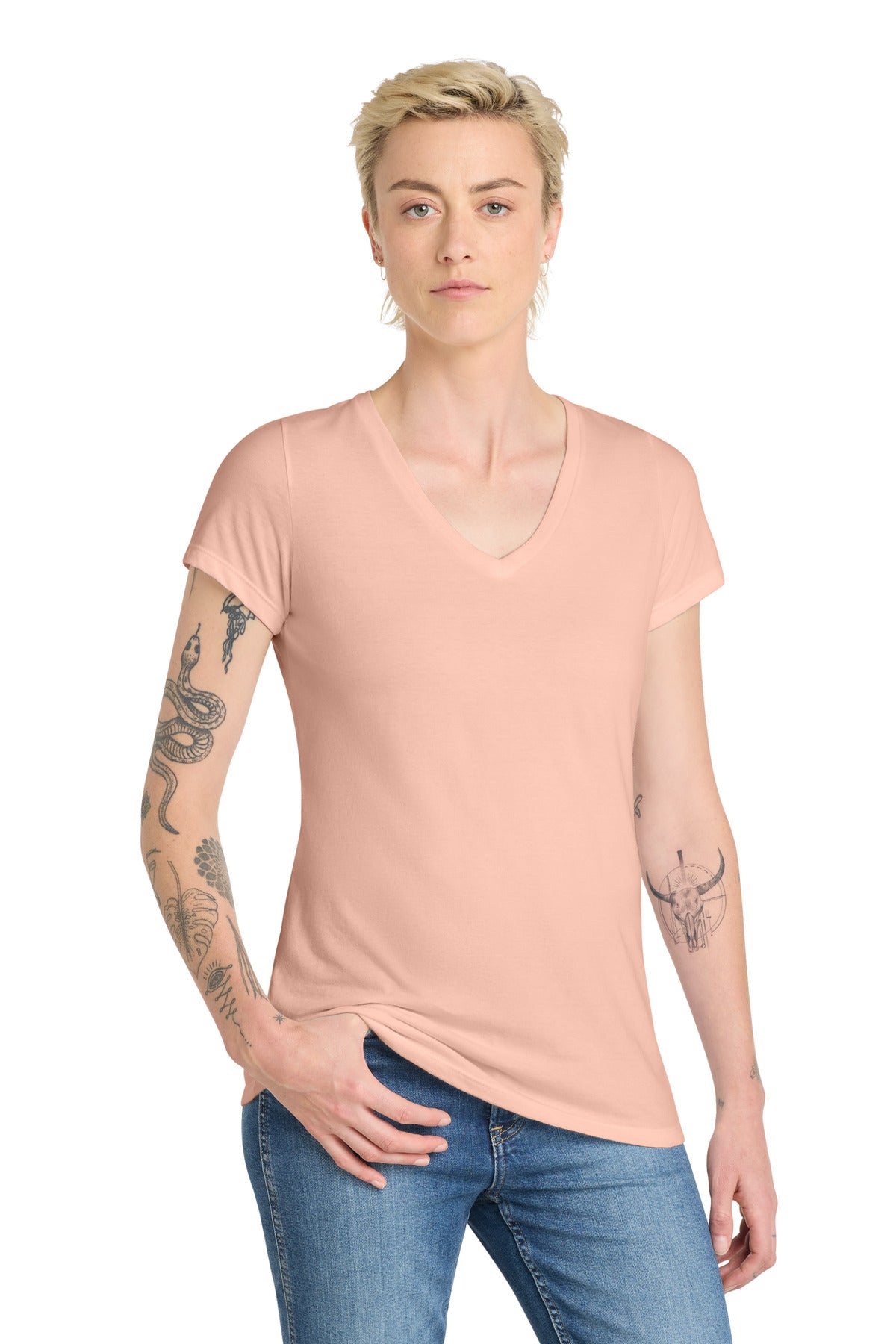 District Women's Very Important Tee V-Neck. DT6503 - Dusty Peach - front