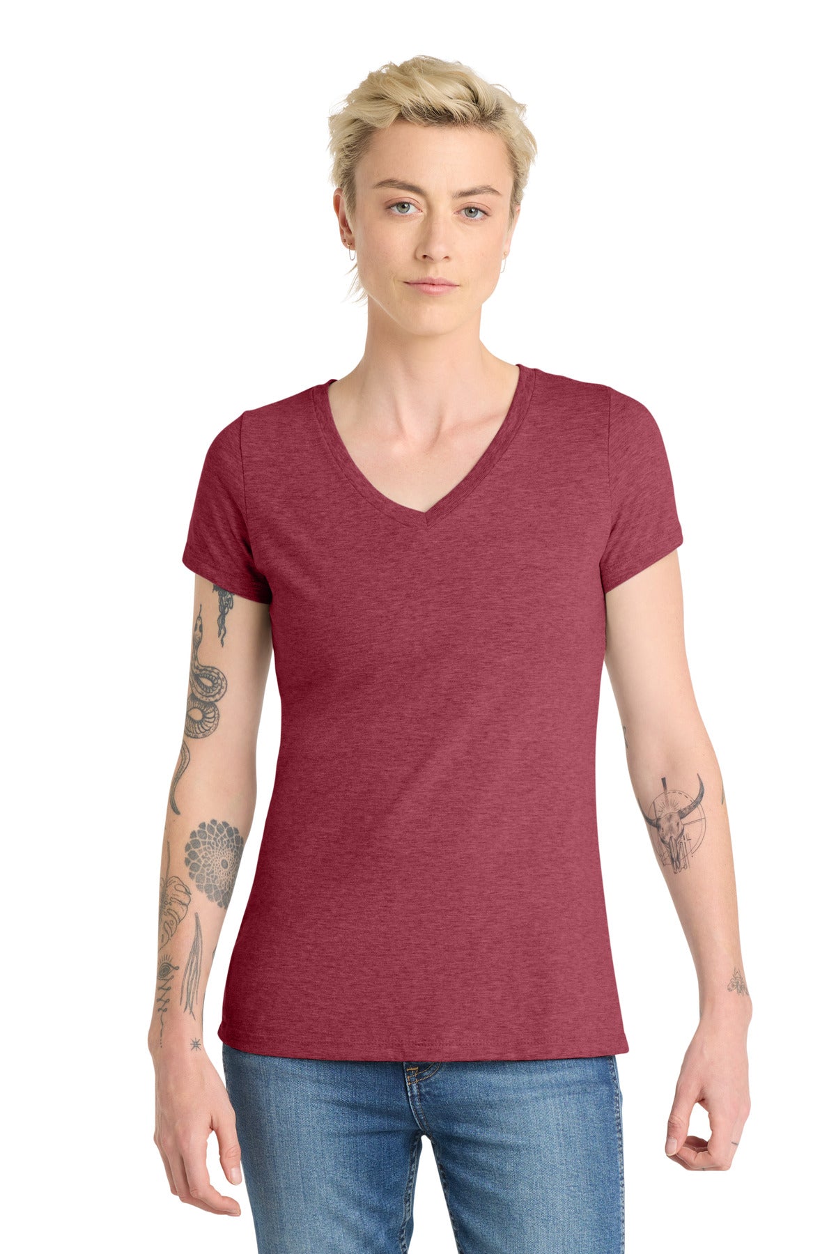District Women's Very Important Tee V-Neck. DT6503 - Heathered Cardinal - front