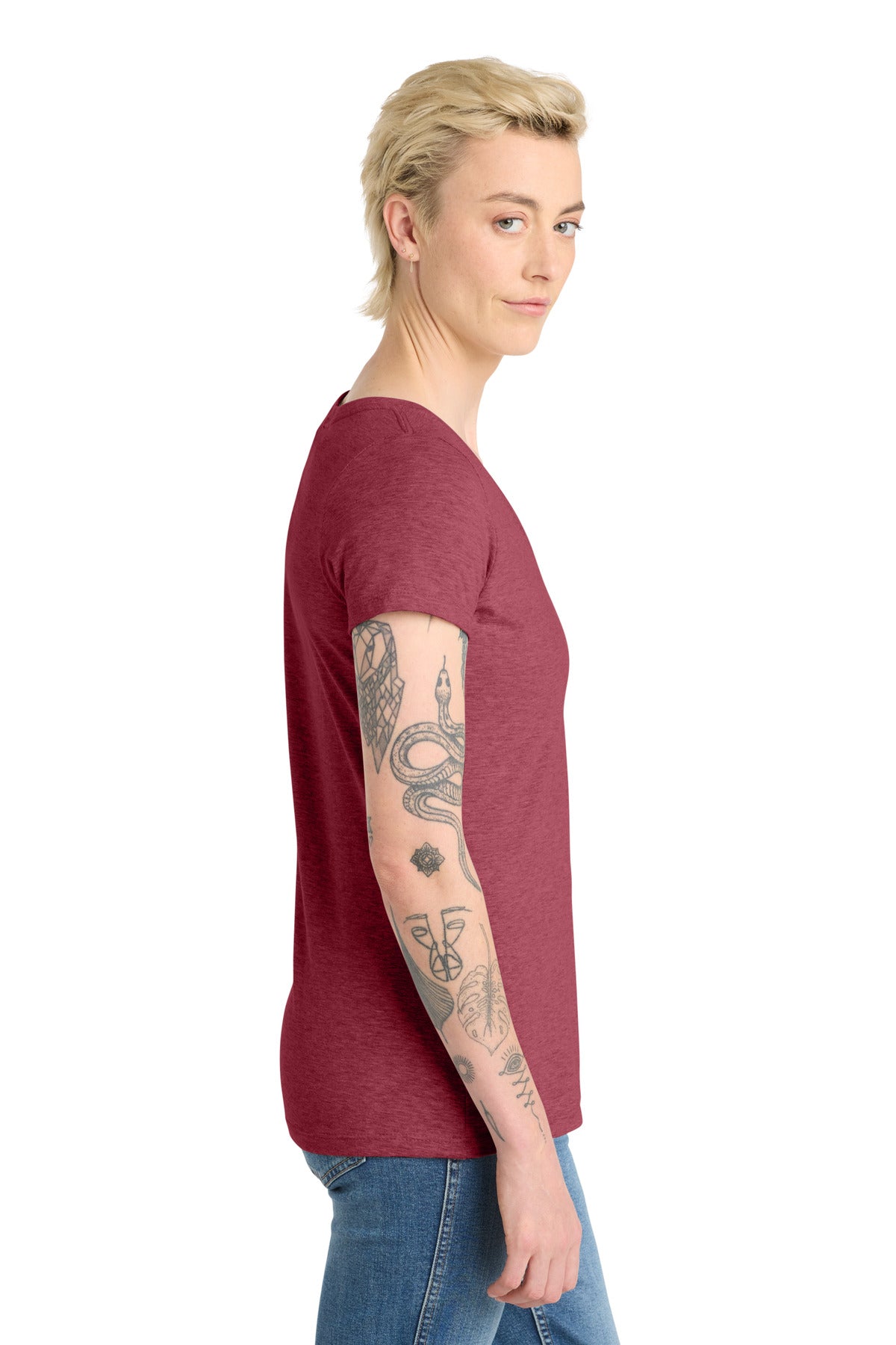 District Women's Very Important Tee V-Neck. DT6503 - Heathered Cardinal - side