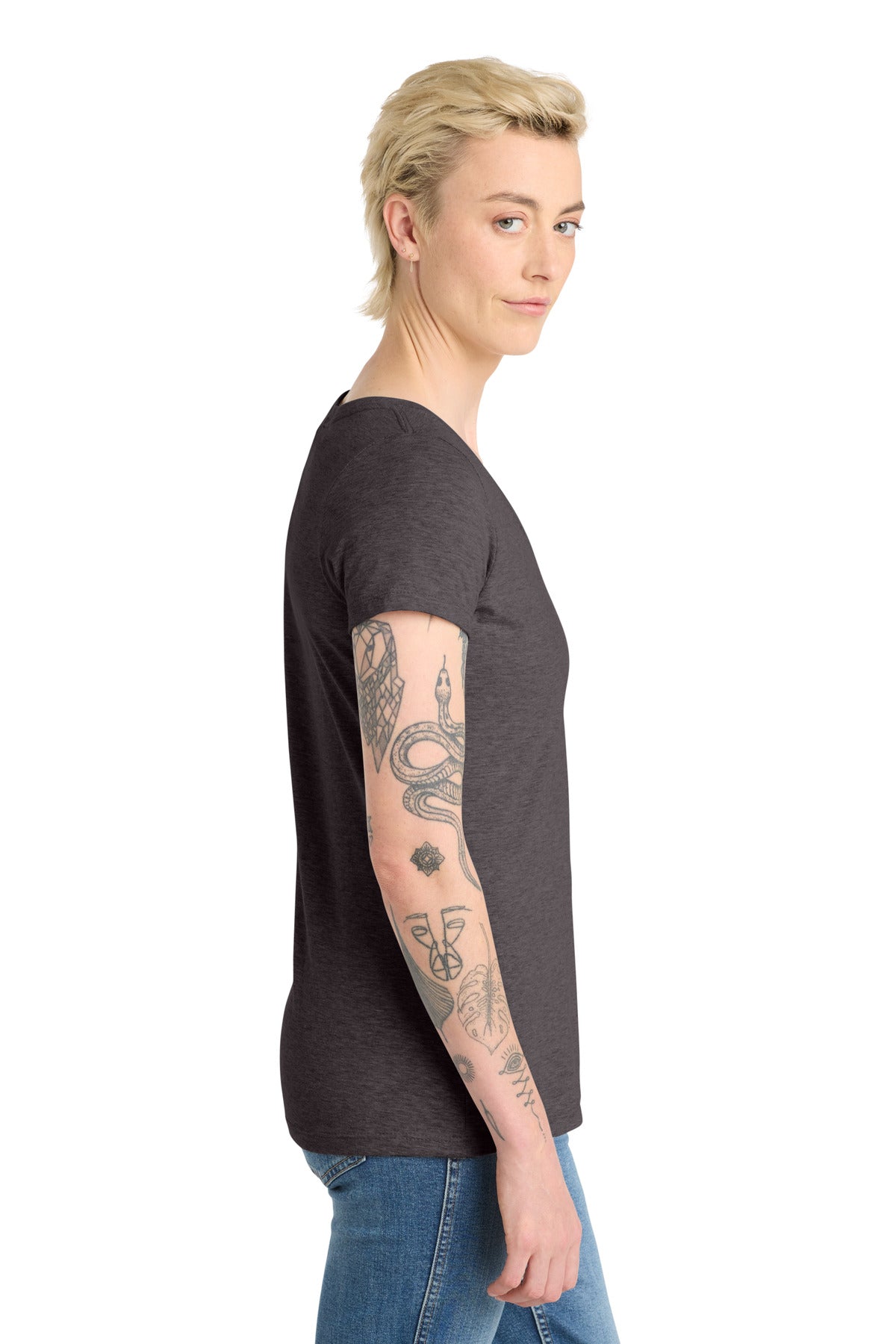 District Women's Very Important Tee V-Neck. DT6503 - Heathered Charcoal - side