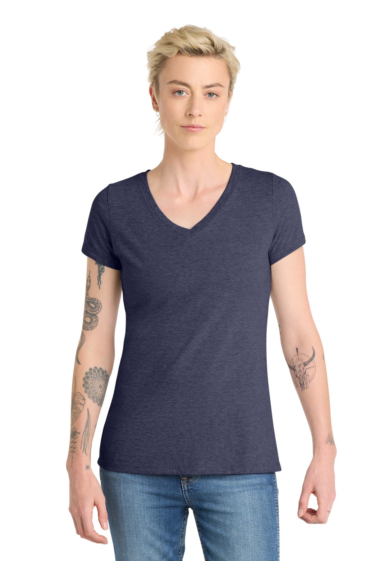 District Women's Very Important Tee V-Neck. DT6503 - Heathered Navy - front